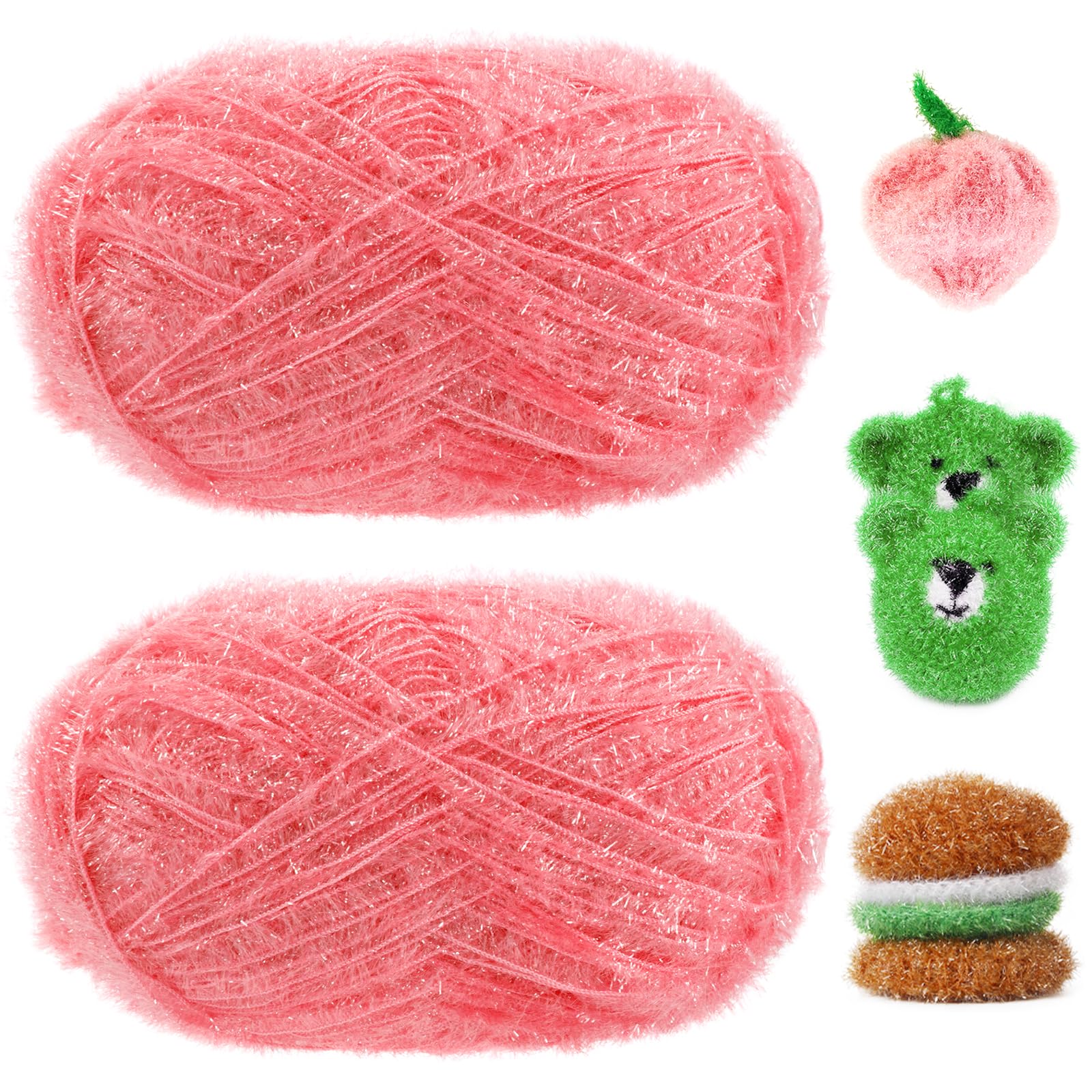 Uiopa Glitter Yarn for Crochet 2 Skeins (2 x 100g, 2 x 200m) Scrubby Yarn Fluffy Polyester Cord for Crocheting Knitting Dishcloths Washcloths Home Decor DIY Crafts (Coral Red)