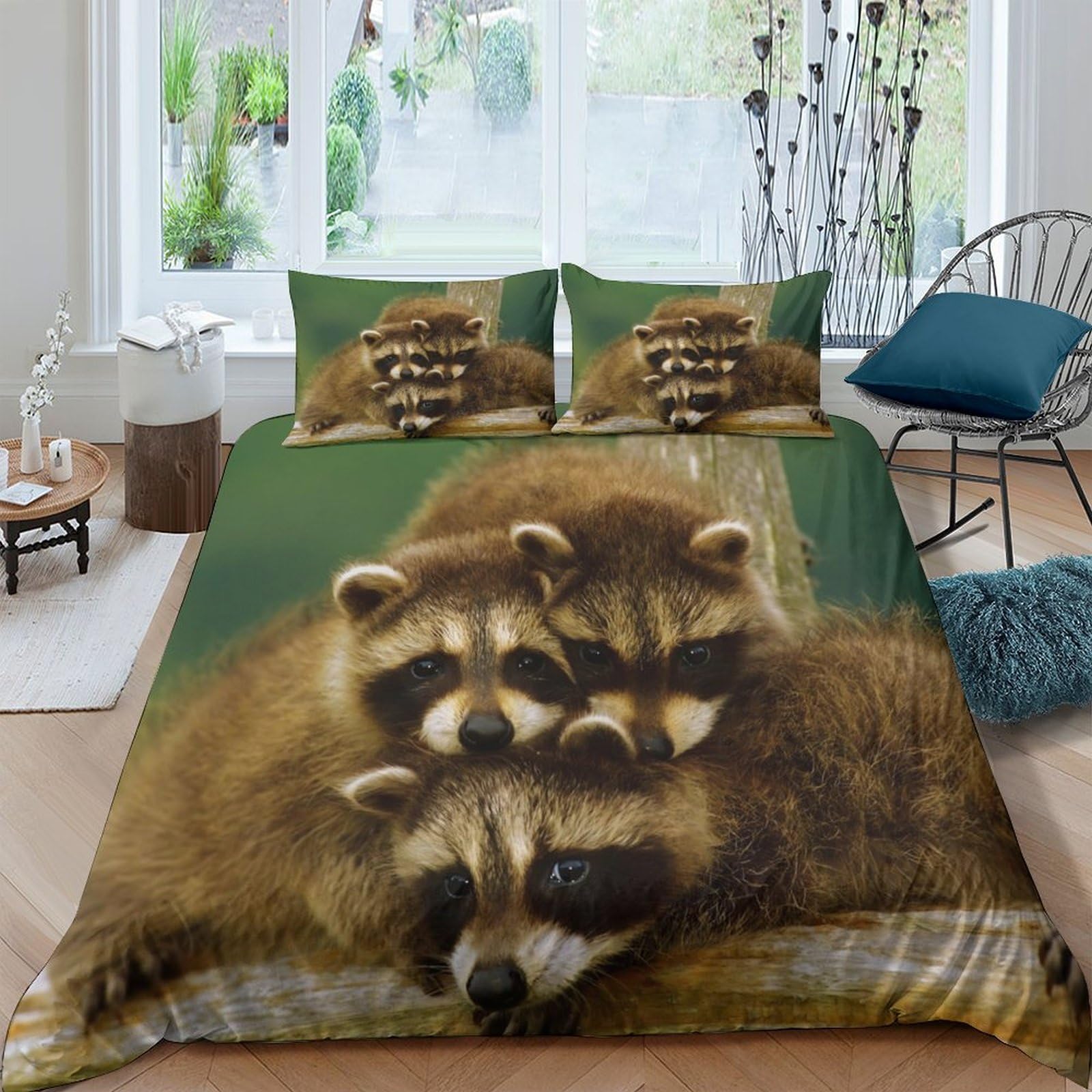 GPLZQXKJNH 3D Printed Raccoon Family Duvet Cover Microfiber Soft Breathable Forest Animal Bedding Set with 2 Pillowcases for Bedroom Decor, Single（135x200cm）
