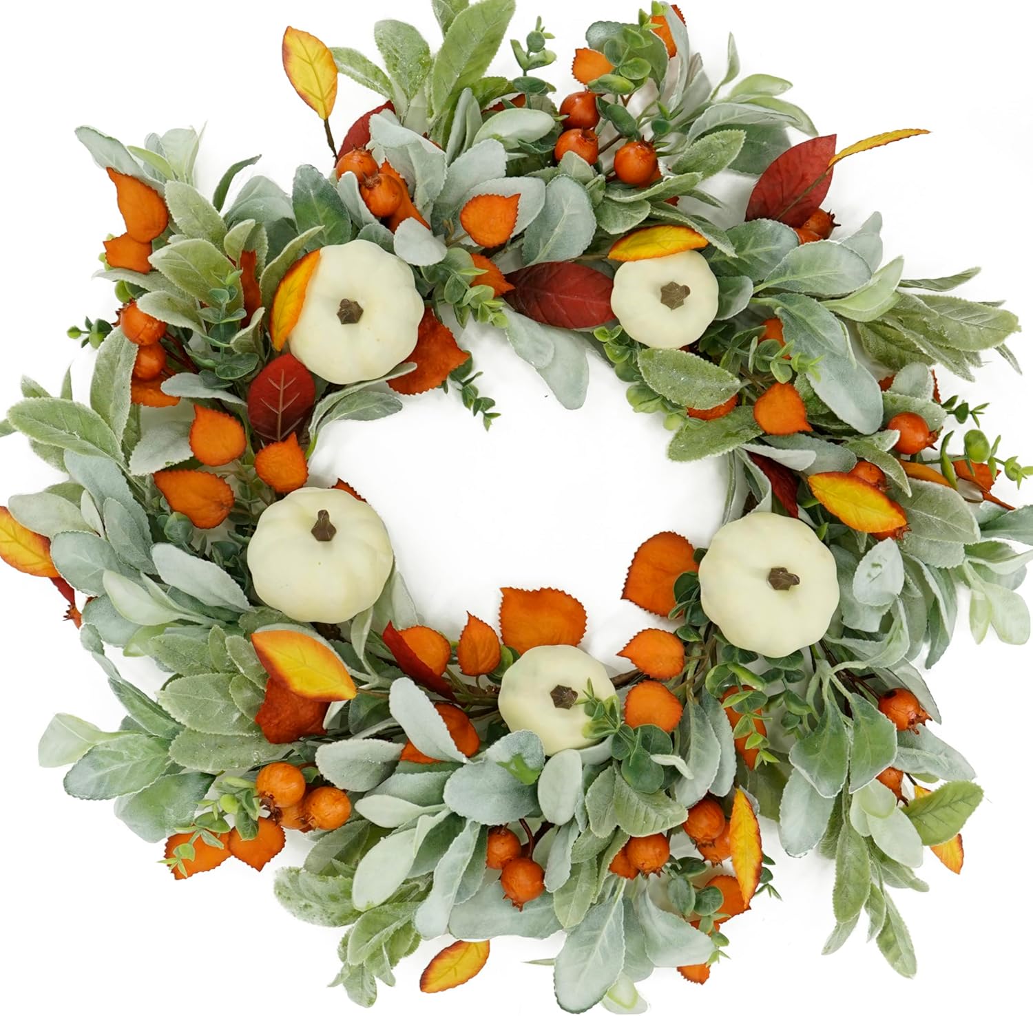 Artificial Fall Wreaths for Front Door Autumn Pumpkin Wreath with Pumpkin,Berry,Mixed Leaves for Farmhouse Indoor Outdoor Porch Window Wall Door Decoration Orange Leaf and Cream Pumpkin