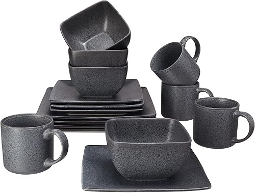 Juego de vajilla cuadrada de gres gris oscuro de 16 piezas
