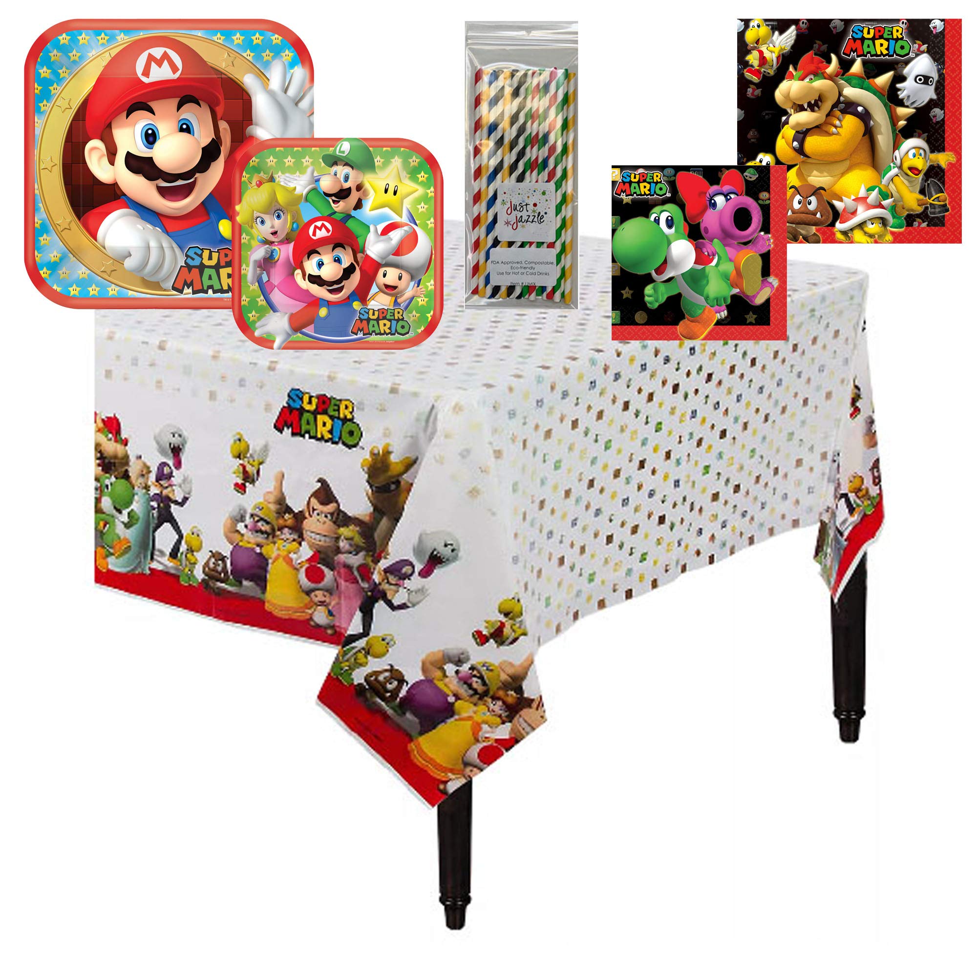 Amscan Super Mario Brothers Birthday Party Tableware Kit Napkins, Plates, Tablecover Bundle, 16 Guests