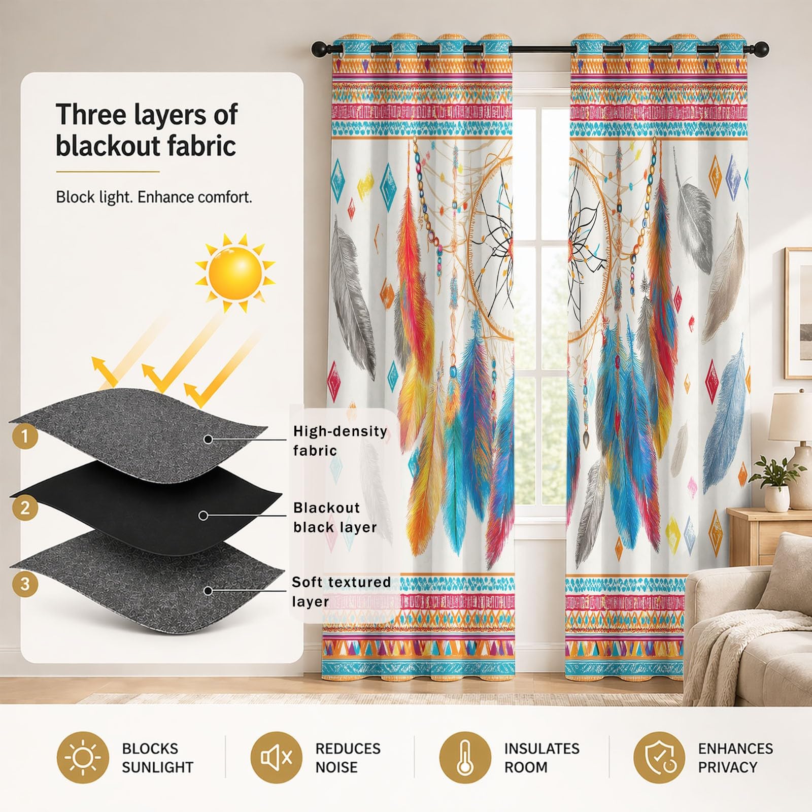 Generisch Boho Verträumt Vorhänge Traumfänger Feder Vorhang Blickdicht mit Ösen, Verdunkelungsvorhang Gardinen für Schlafzimmer Wohnzimmer Fenster Deko, 2er Set H160 x B140 cm