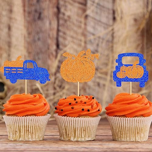Miniatura 6 de Ercadio Paquete de 36 adornos de calabaza para cupcakes con purpurina azul, cosecha de otoño, calabaza, camión, cupcake para cosecha de otoño,