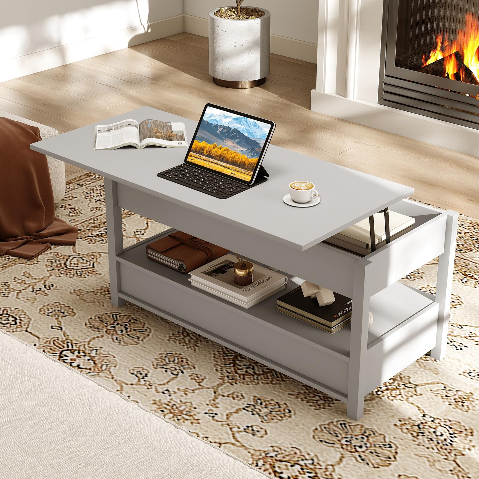 COSTWAY Couchtisch Höhenverstellbar, Sofatisch mit offene Ablage & 2 Schubladen, Wohnzimmertisch mit anhebbarer Tischplatte 50-63,5cm, Kafeetisch Holz für Wohnzimmer, Büro, Grau