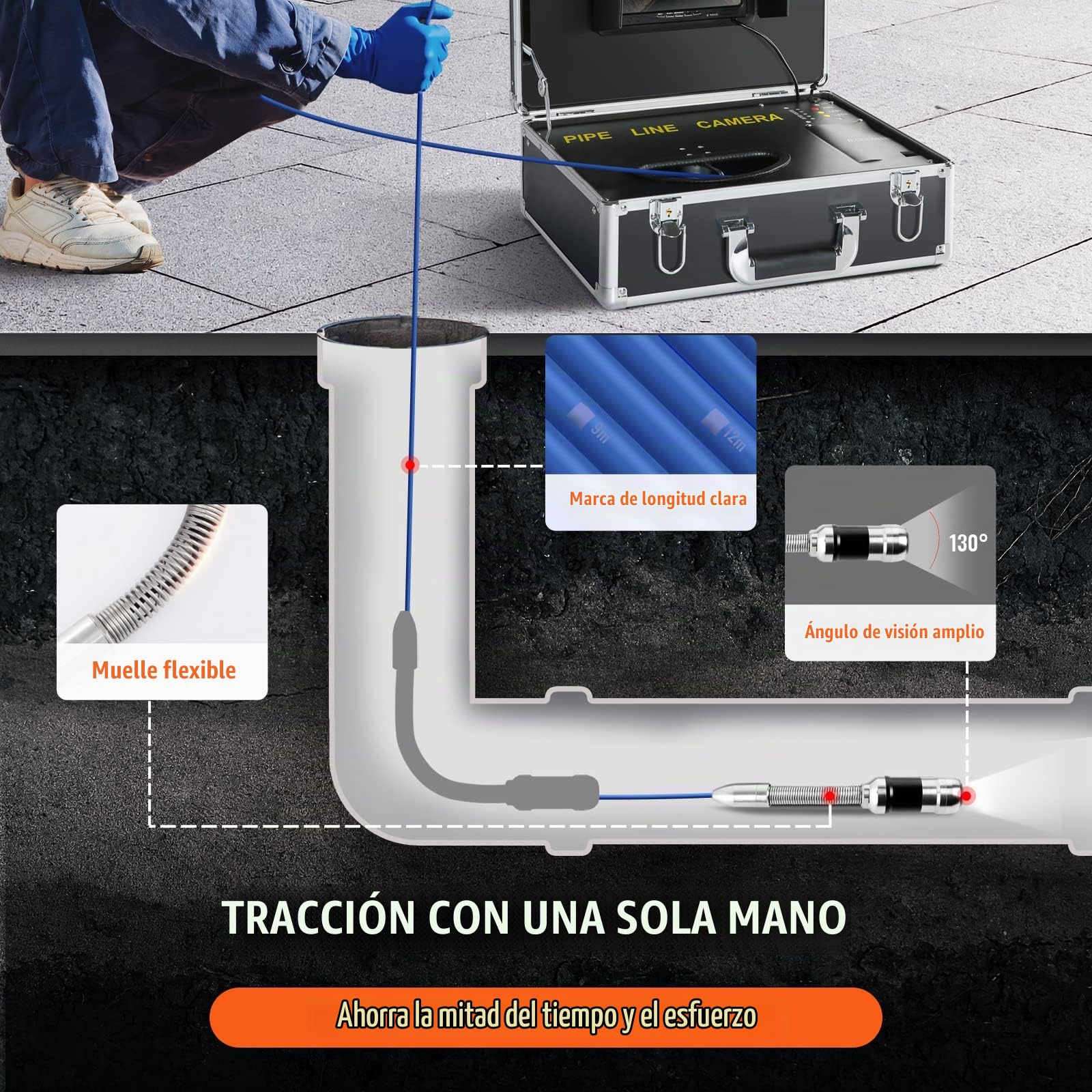 VEVOR Cámara de Inspección de Tuberías Longitud de 30 m Pantalla Endoscopio 7" con IP68 Impermeable DVR 12 LED Ajustable 16GB Tarjeta SD 1000TVL para Tubería Alcantarillado Hogar Drenaje Fontanería