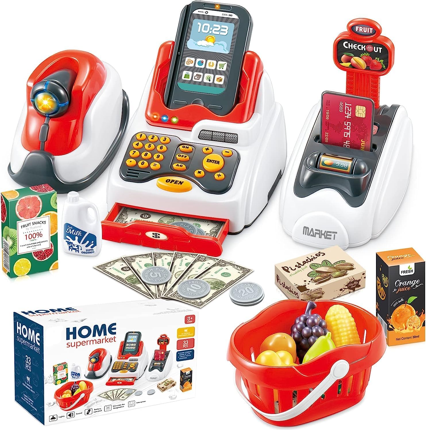 EUPHORIA Pretend Play Cash Register Toy Role Play Shopping Cashier Playset with Scanner Card Machine Toy Foods Fruits 33pcs Set Funtional Checkout Game Educational Toy for Kids (B0DC4BHQBL) Amazon Price History, Amazon Price Tracker