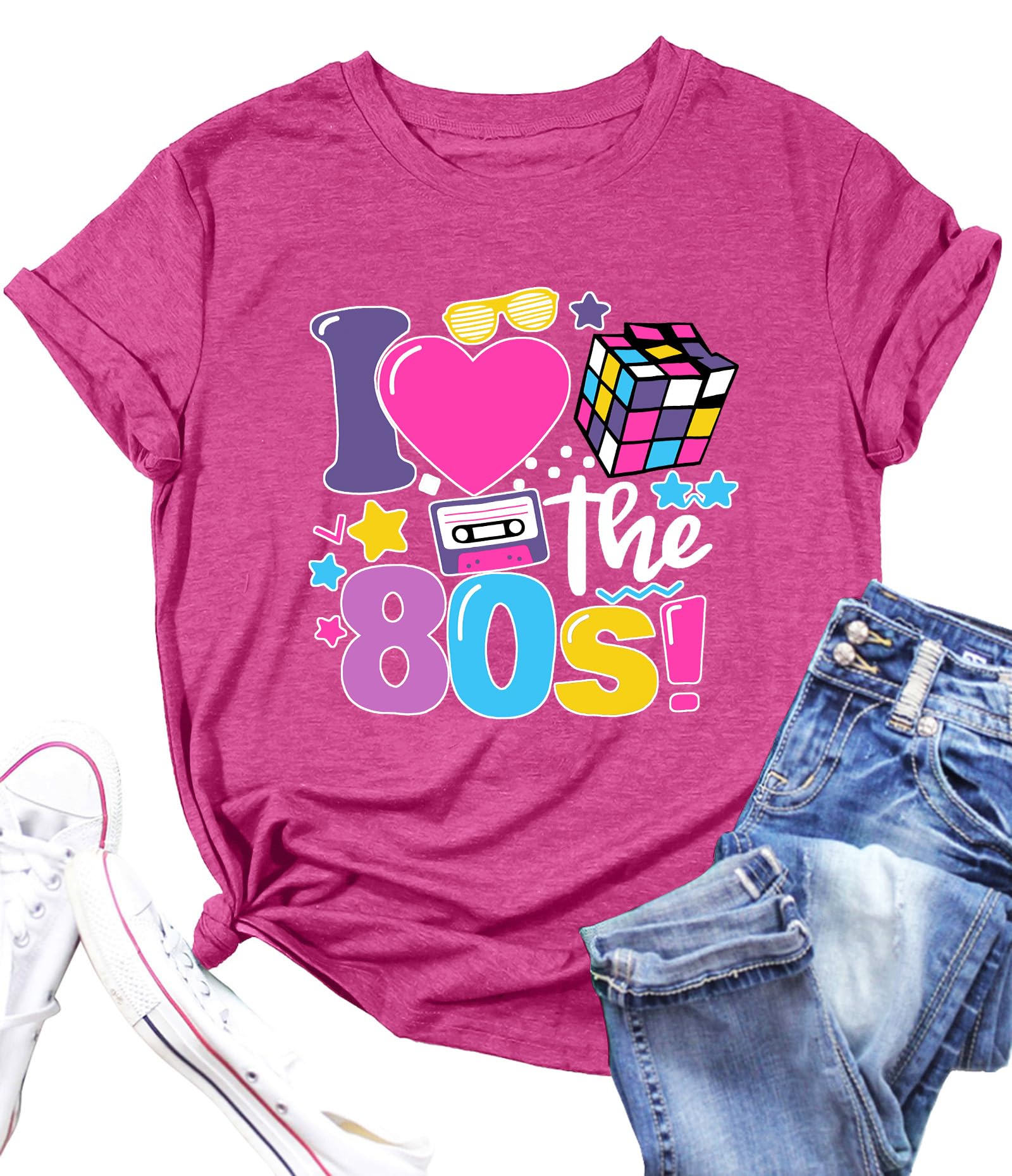 PECHAR I Love The 80's Shirt for Women Vintage 80s Music Graphic Tshirt 80's Party Short Sleeve Blouse Tops