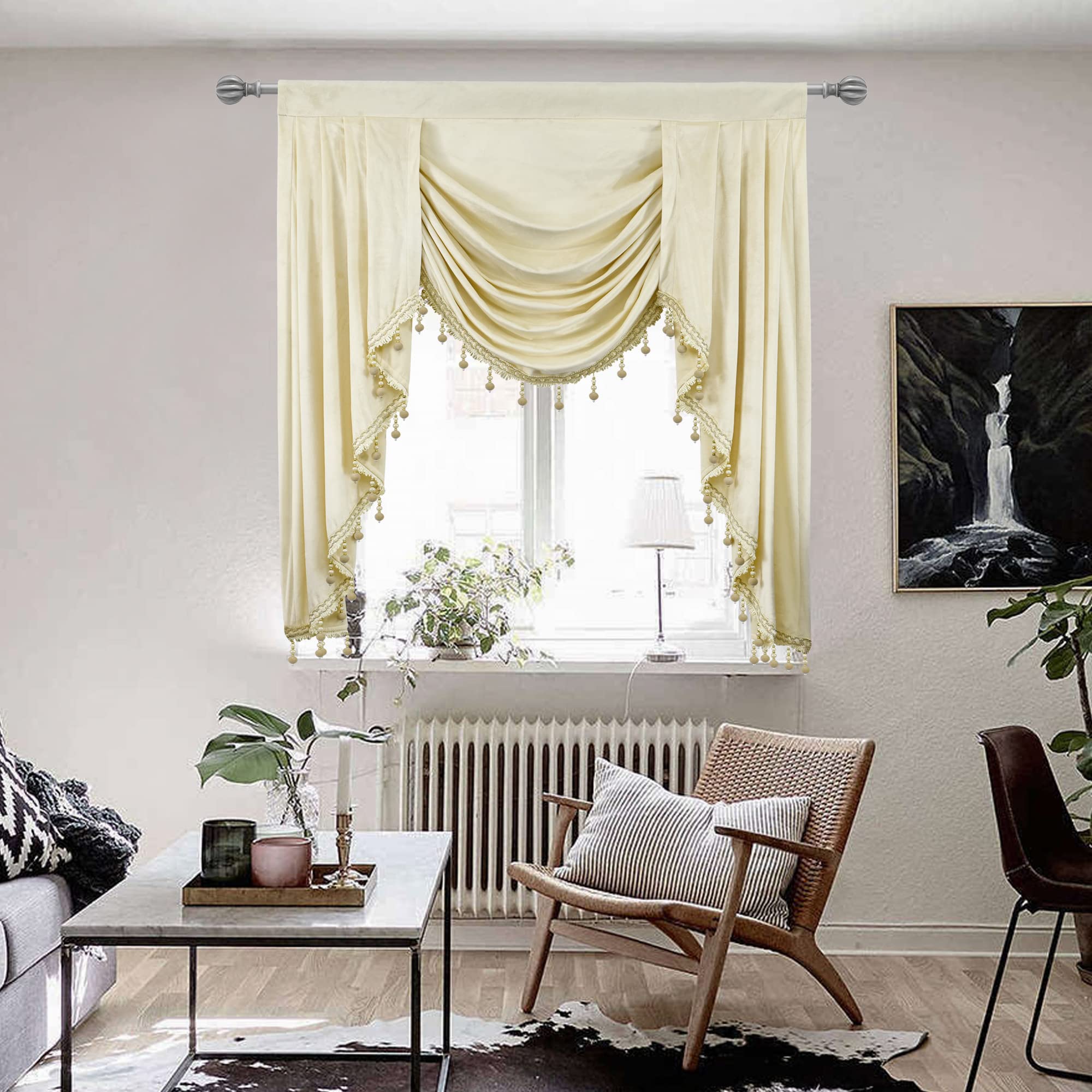 OYRING Beige Toppers Window Cutains for Living Room - Velvet Swag Waterfall Valance for Bedroom (1 Panel, W39 Inch, Lvory)