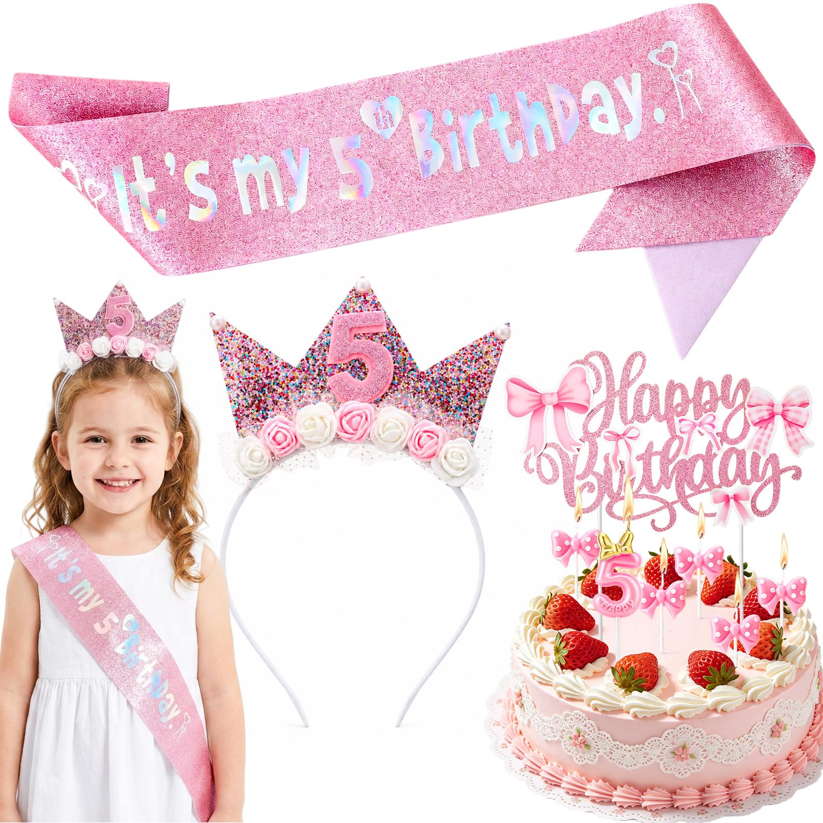 GSrenyu Pink 5th Birthday Party Decorations Set for Girls