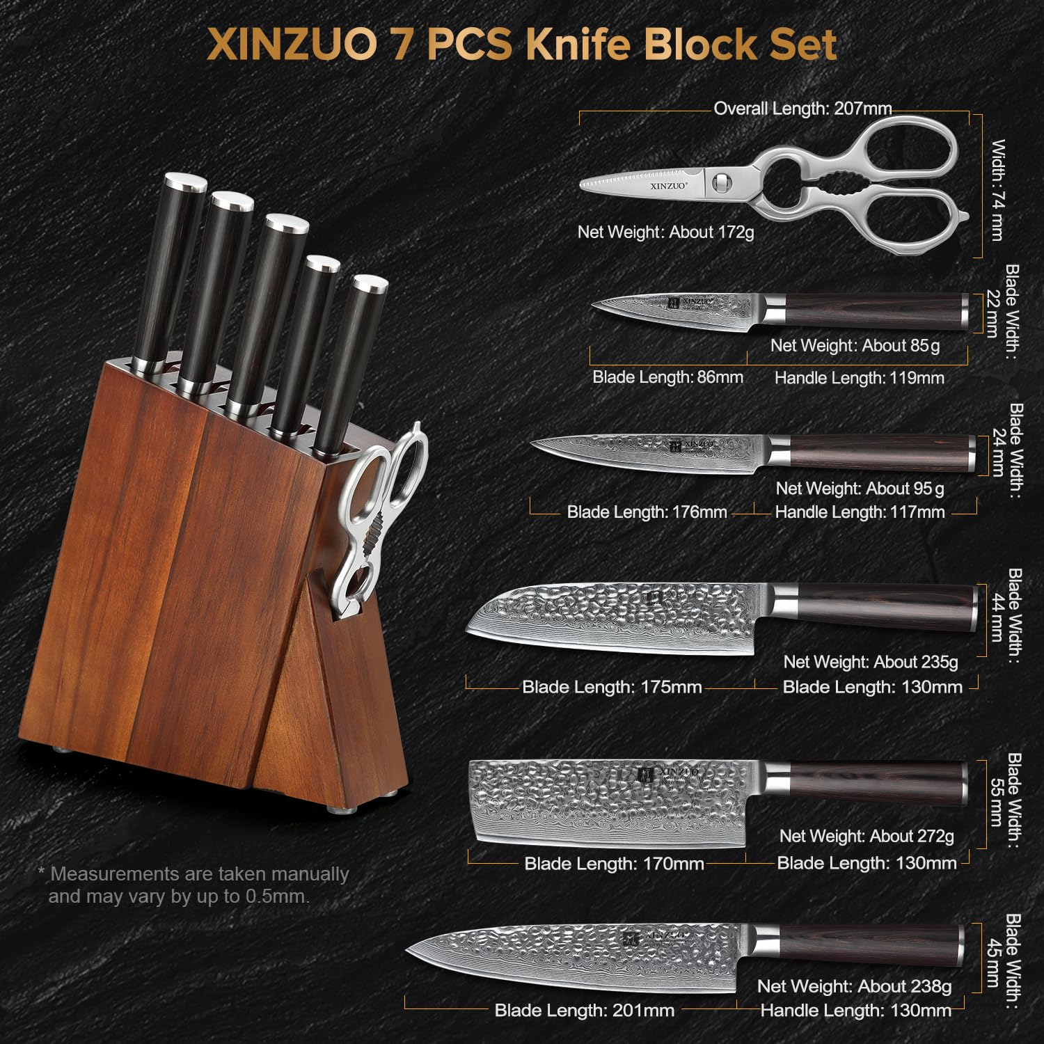 XINZUO Damascus Knife Set - 7 Piece Chef's Knives -6