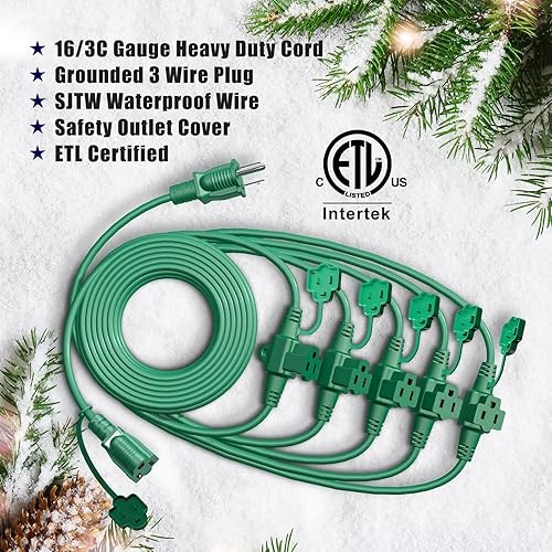 Miniatura 10 de EVERSIMPLEINC Cable de extensión para exteriores con múltiples tomas 50 pies 6 tomas uniformemente espaciado con luz indicadora resistente a la