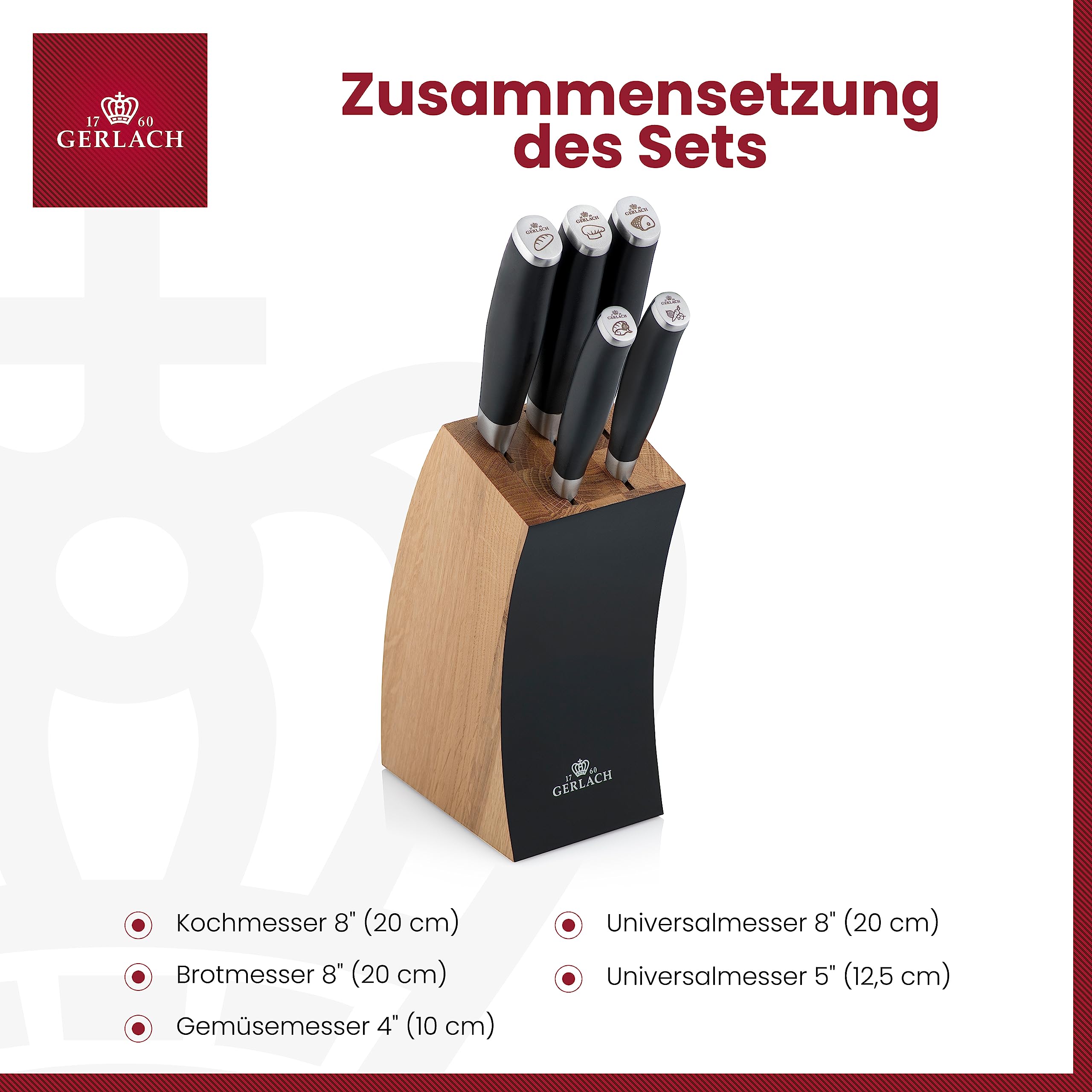 Gerlach Deco Black Messerblock Messerset Küchenmesserset 5 Messer aus Edelstahl Buchenholz Küchenmesser im Block Kochmesser Brotmesser Gemüsemesser Küche Küchenutensilien Küchenzubehör