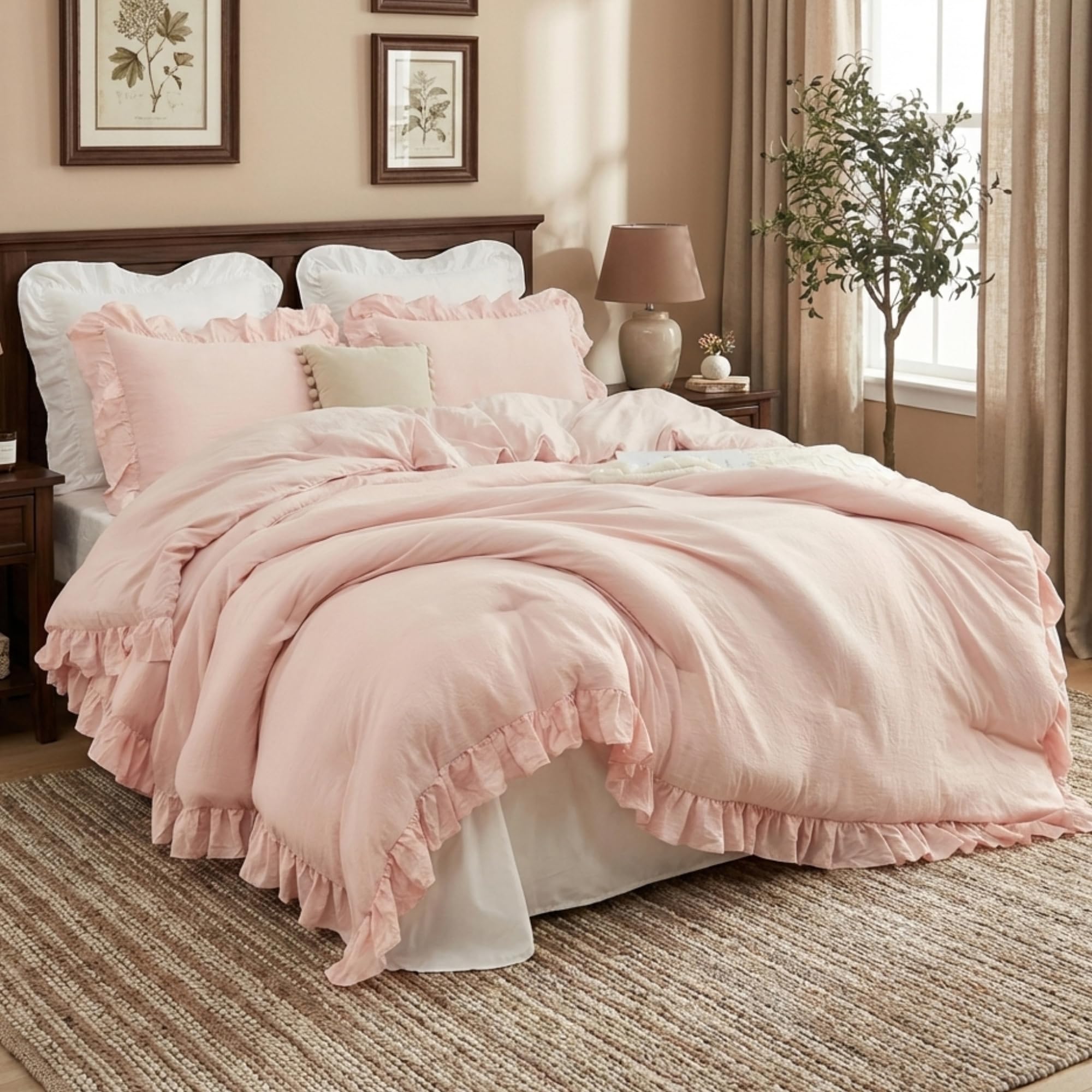 CAROMIO Pink Ruffled Comforter Set Queen Size, 3PCS Soft Washed Microfiber Lightweight & Fluffy All-Season Bedding Comforter with Vintage French