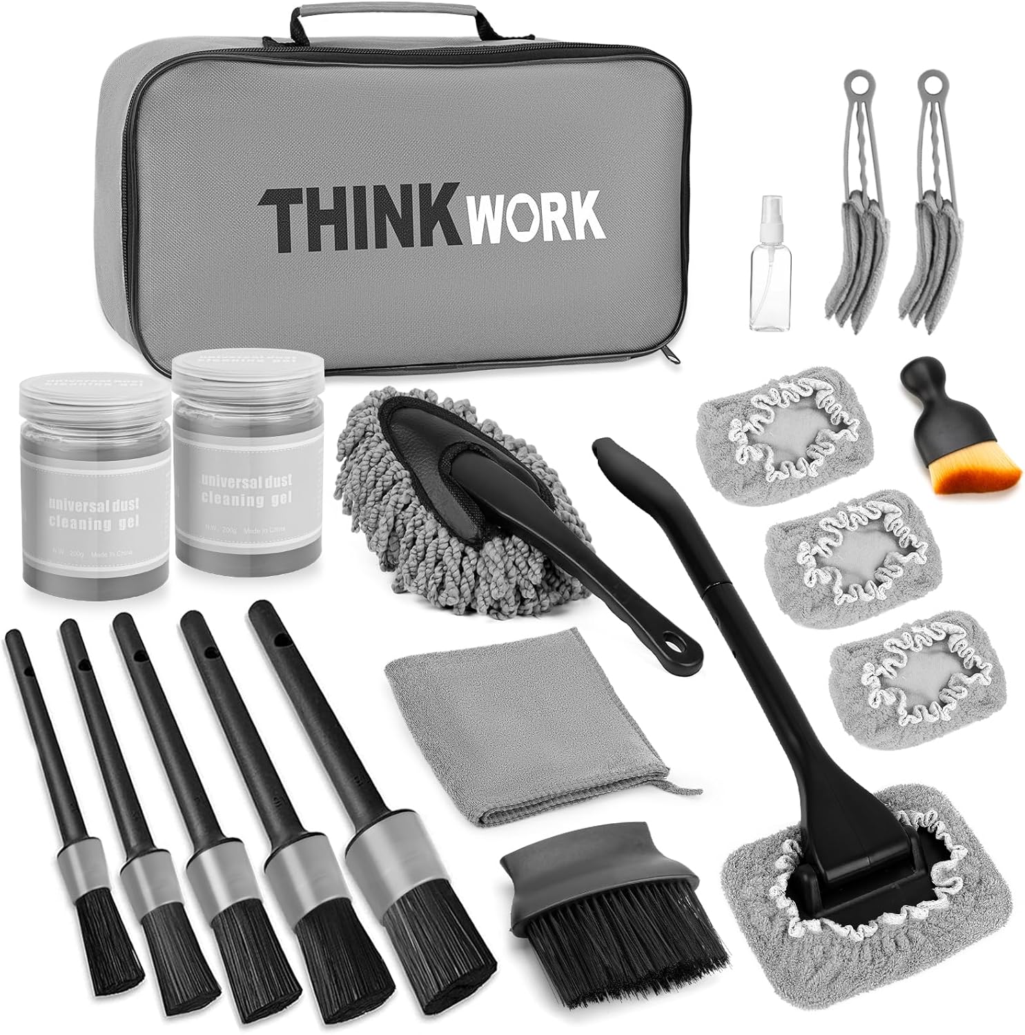 THINKWORK Windshield Cleaner Tool, Car Interior Cleaning Kit, Car Detailing Kit Interior Cleaner with10Pcs Detailing Brush Set, Gray Auto Detailing Supplies & Accessories 43.03 Ounce (Pack of 1)