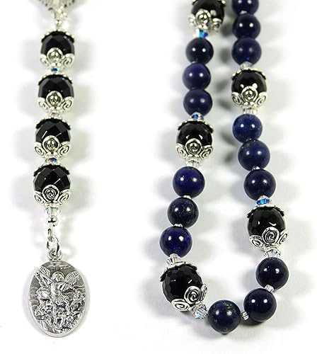 Miniatura 2 de Cuentas de oración católica San Miguel Coronilla Lapislázuli y ágata con aceite bendecido con unción, Metal, Lapislázuli