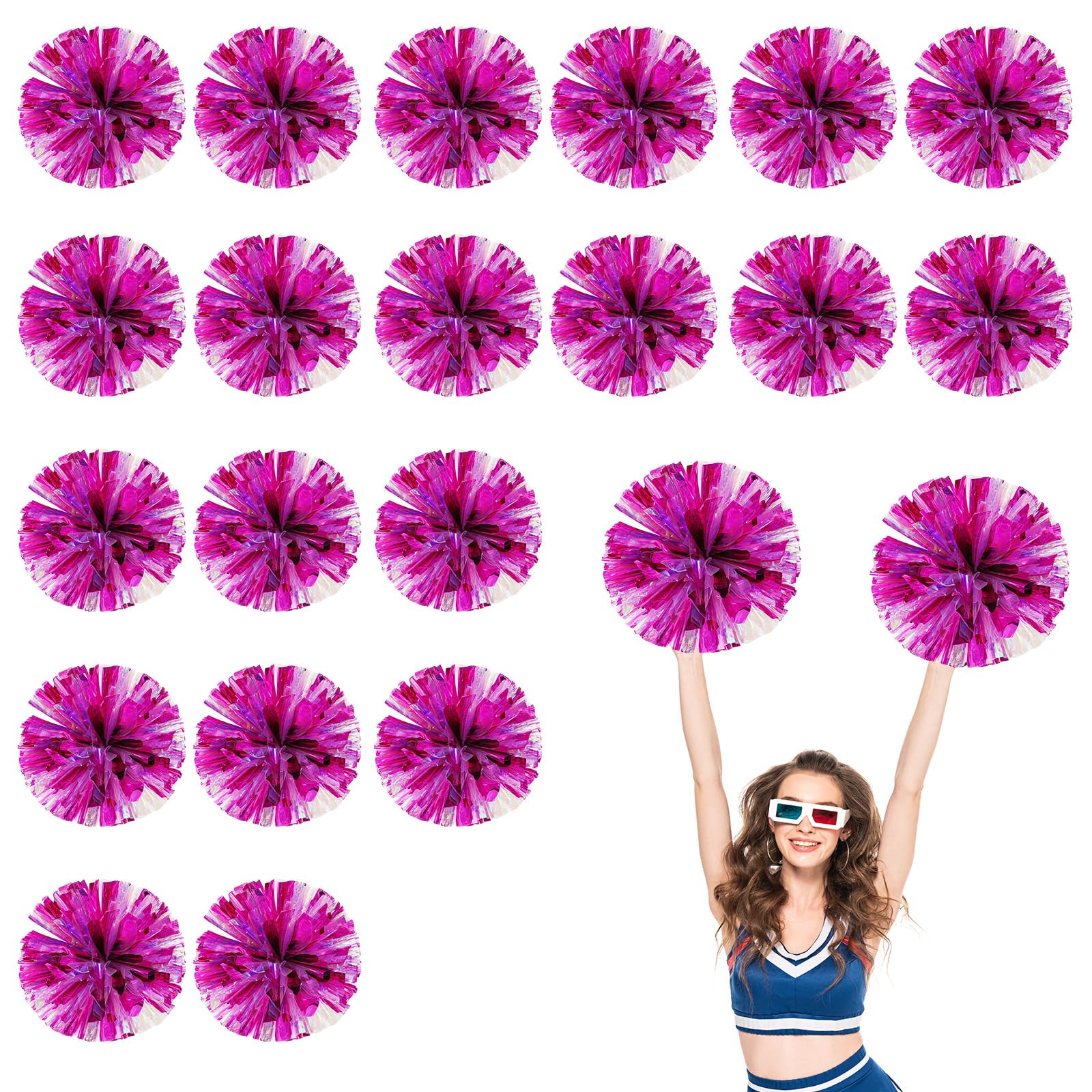 Lot de 20 pompons de 35cm, pour entraînement sportif, danse, équipe, avec anneaux. (Couleur éblouissante + poudre)