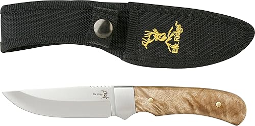 Elk Ridge - Cuchillo de caza de hoja fija al aire libre - 8 en total - Hoja pulida espejo con mango de madera Burl, funda de nailon - Cuchillo Bowie