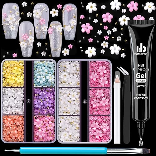 Flores 3D, kit de manicura con gel de pegamento de diamantes de imitación, coloridos dijes de uñas acrílicas con cuentas de caviar, diamantes de