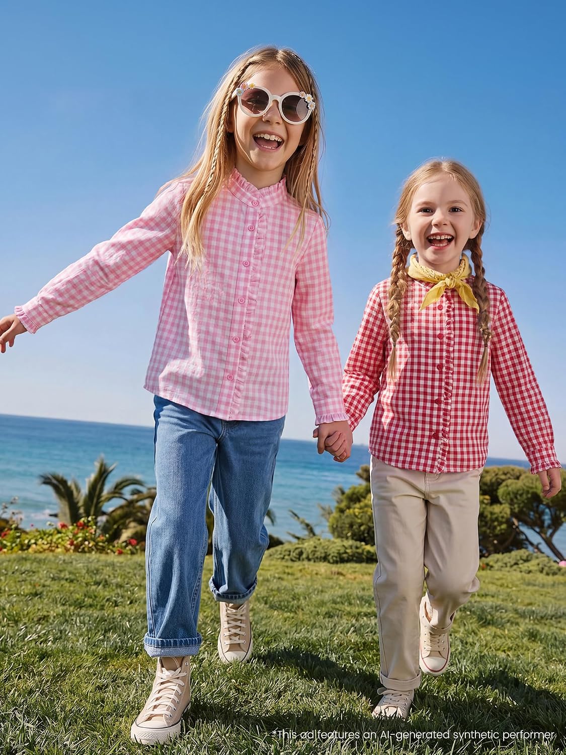 XMWEALTHY Girls Plaid Button Down Shirts Long Sleeve Western Ruffle Collared Shirt Kids Blouse Tops 5-14 Years