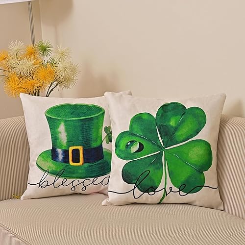 Miniatura 4 de Juego de 4 fundas de almohada para decoración del Día de San Patricio de 18 x 18 pulgadas, funda de almohada de lino con trébol irlandés con