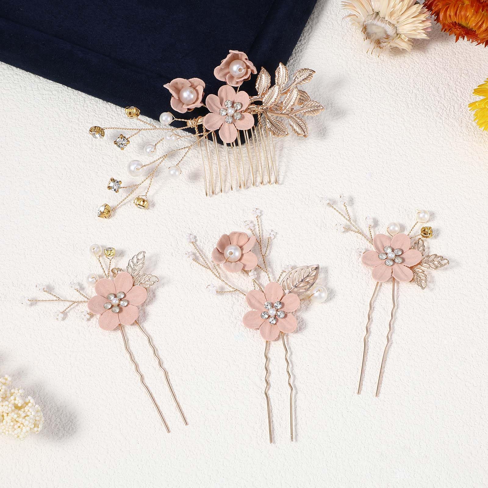 Andibro 4 peines para el pelo de novia, flores rosas, diamantes de imitación, accesorios para el pelo, perlas tocado para mujer, niña, fiesta, graduación, damas de honor, niñas de flores