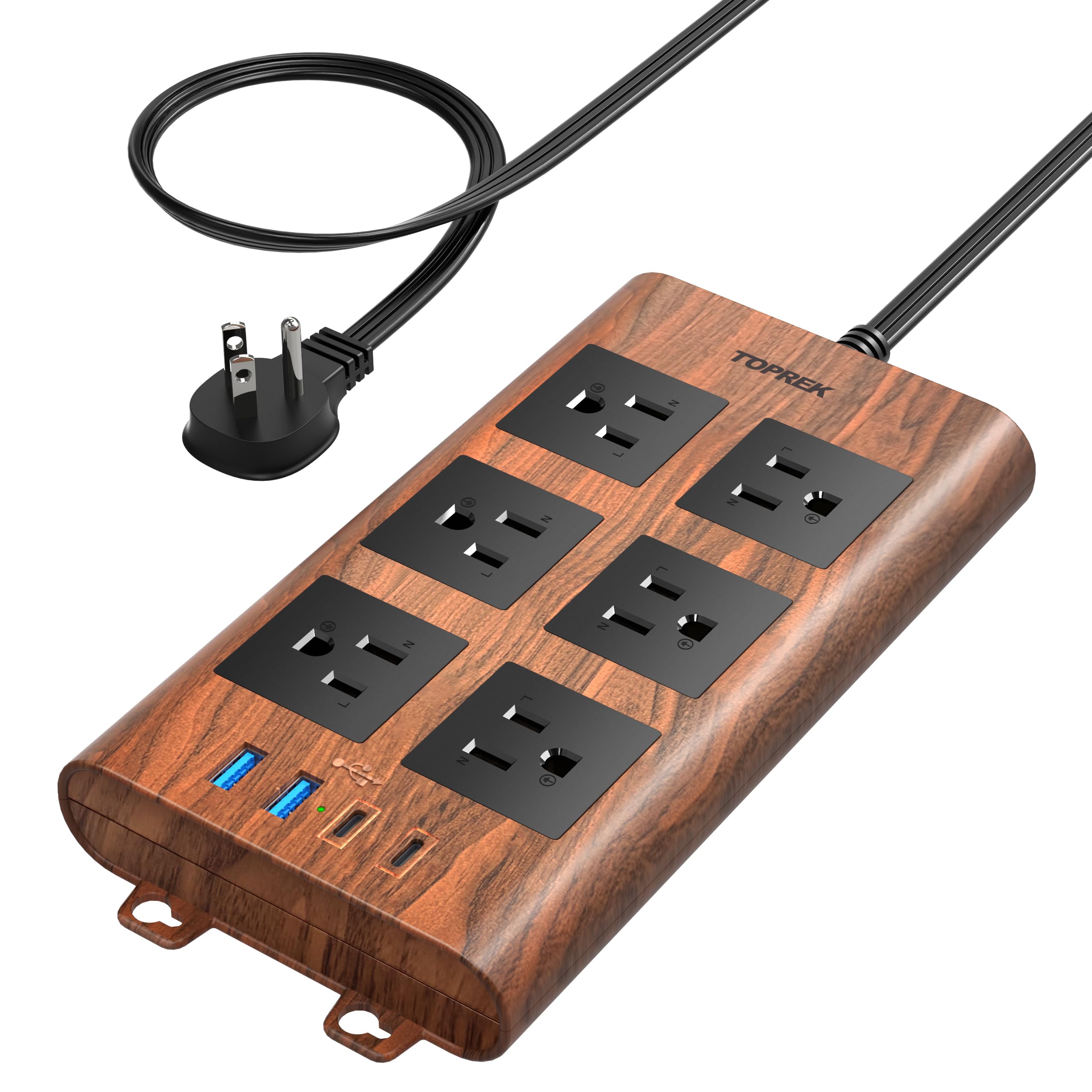 TOPREK Surge Protector Power Strip (2100J), 6 Widely-Spaced Outlets with 2 USB-C & 2 USB-A, 6.5 FT Extension Cord with Ultra-Thin Flat Plug, Wood Finish Power Strip with USB for Home, Office