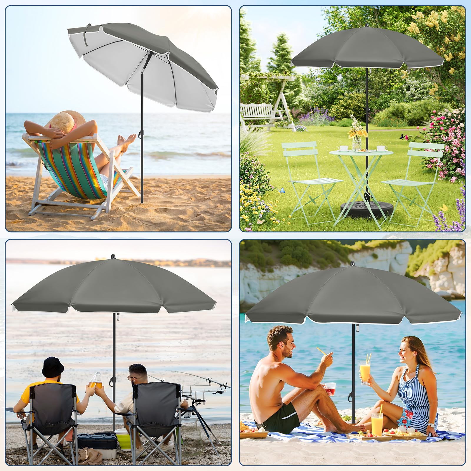 WOLTU Parasol de Jardin Ø135/155/175cm Inclinable, en Tissu Imperméable Anti-UV à UPF 50+, Hauteur Réglable pour Balcon, Terrasse, Patio, Piscine, Plage - Beige/Gris Foncé