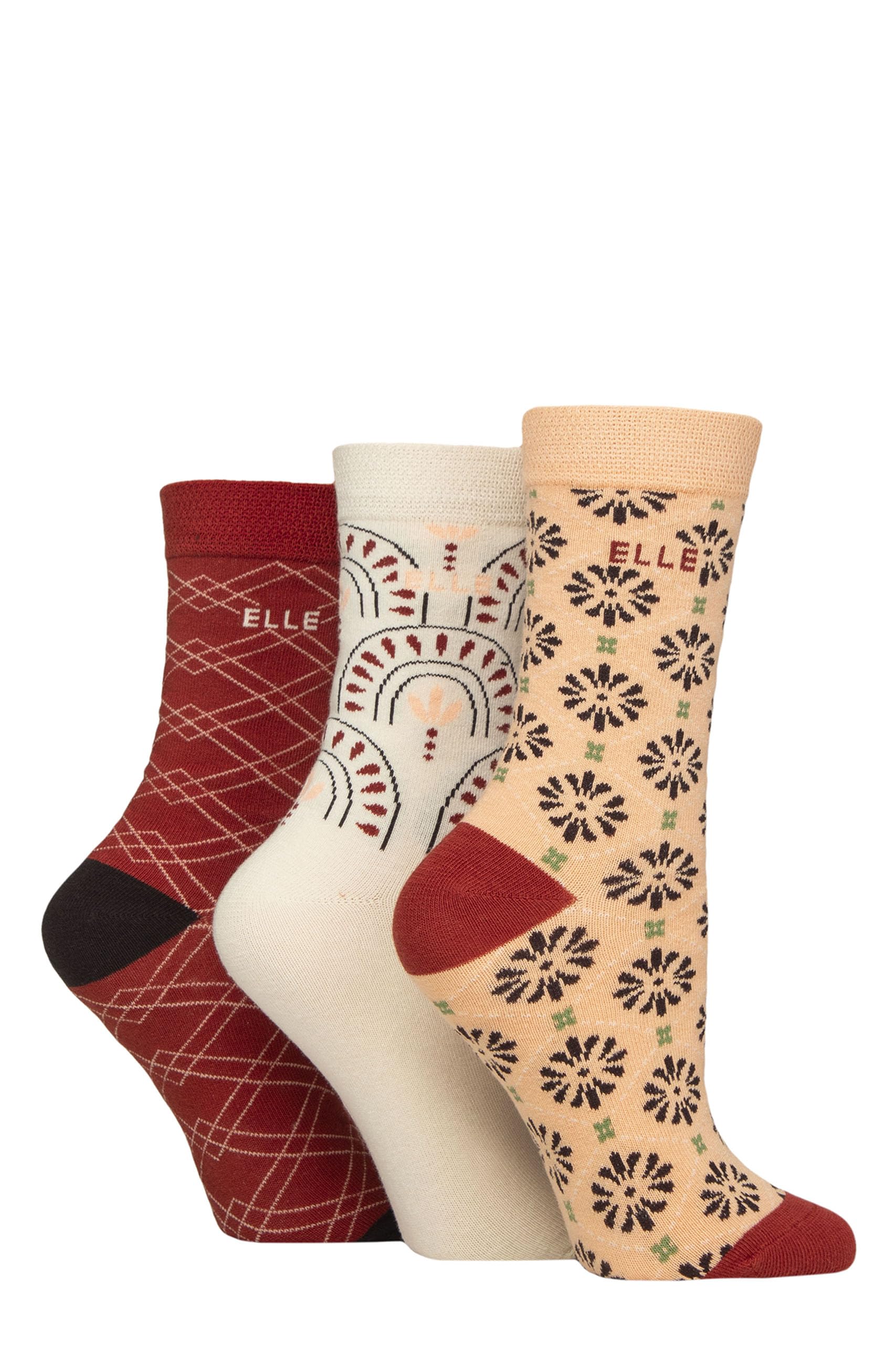 Elle Women's Patterned Wild Poppy Soft Cotton Socks - Plain, Striped And Patterned With Hand Linked Toes Multipack Of 3 Pairs Size 4-8 (Uk, Numeric, 4, 8, Regular, Regular, )