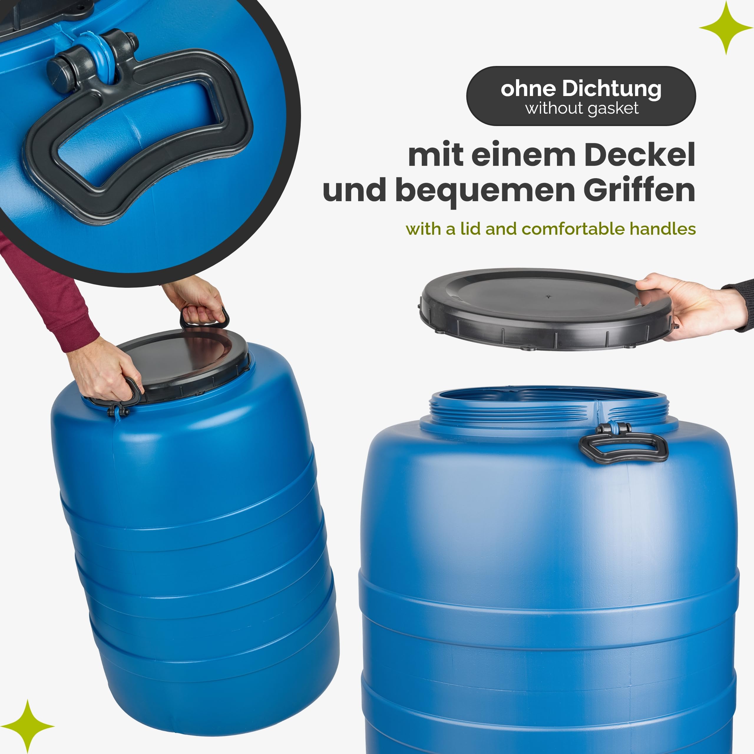 Garronda 120 L mit Hahn Weithalsfass aus HDPE als Kunststofffass und Wasserbehälter für Wasser und Lebensmittel zur Lagerung Fermentierung Regenfass GD-0186 Blau