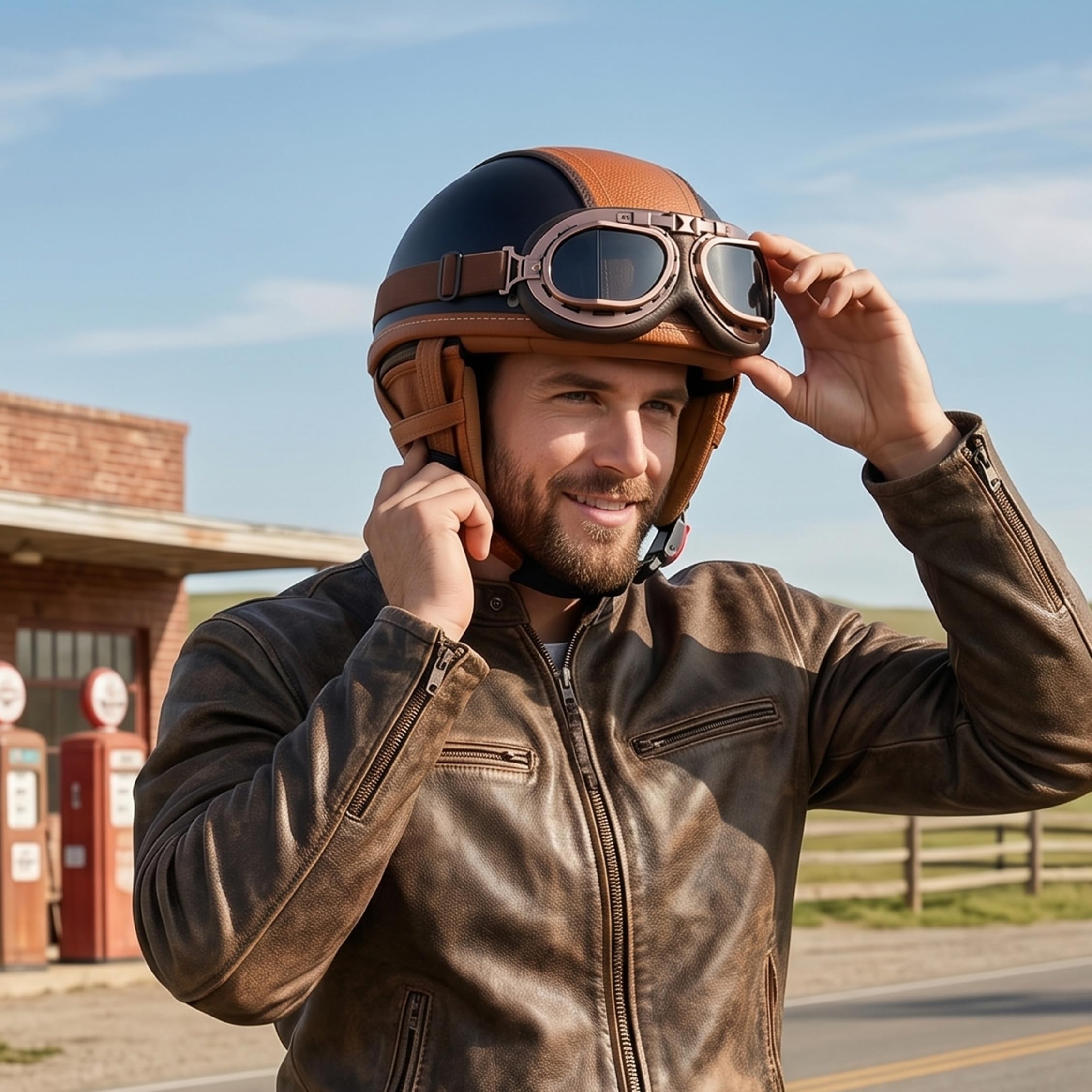 Medio Casco de Estilo Alemán con Gafas, Casco Retro Jet para Hombre, Negro Mate