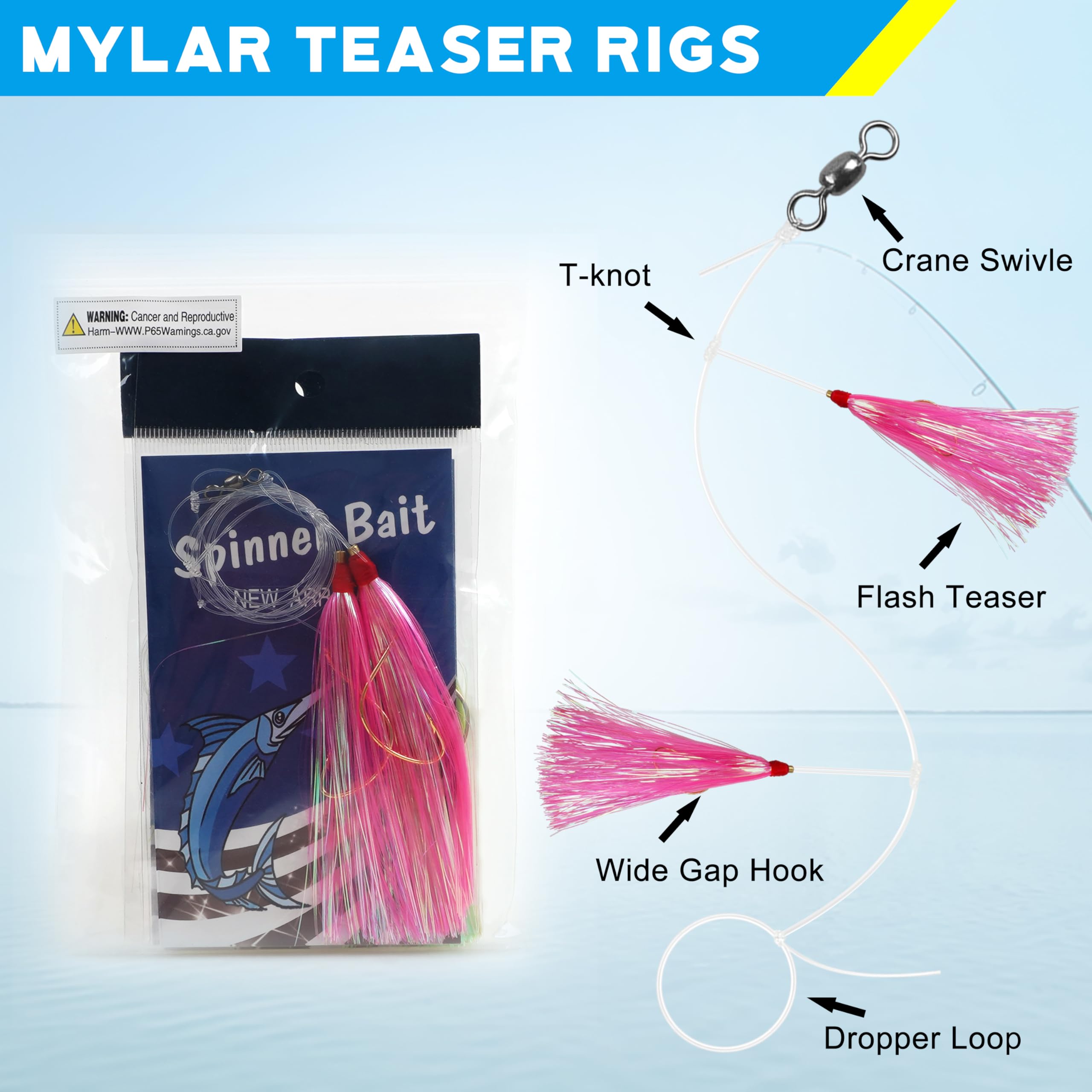 Bucktail Teasers Fishing Hooks – Saltwater Flounder Rig With Mylar Flash – Hi/Lo Rig For Catfish, Cod & More (6 Or 12 Pack, 3 Colors)