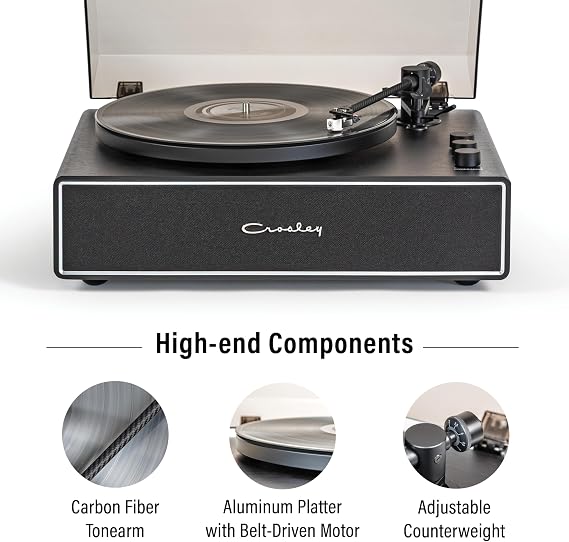 Crosley CR6046A-BKSL Stave 2-Speed Bluetooth Record Player Turntable with Built-in Speakers, Black