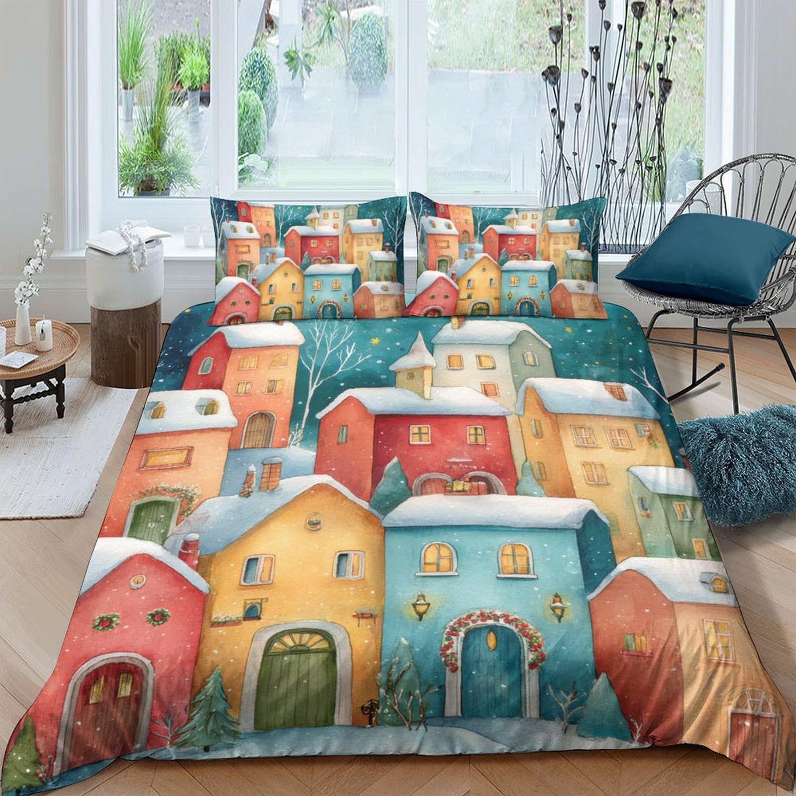 Ctjqhvkz Style-8 3D Printed Colorful House Village Fitted Sheet Microfiber Soft Bed Cover For Bedroom Guest Room Decor Mattress Protection Single（135X200cm）