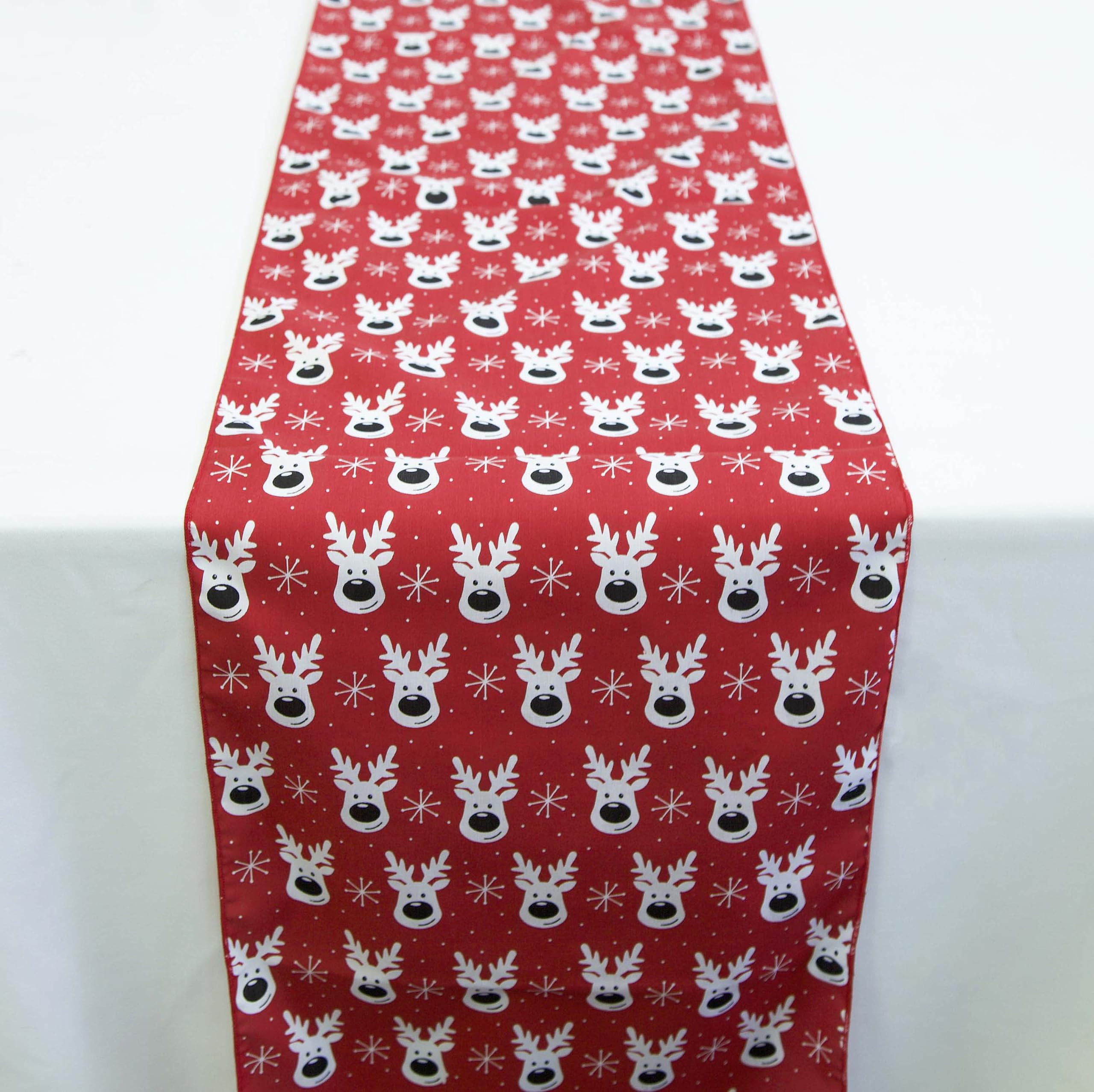 Christmas Table Runner - Perfect for Xmas Parties Event Decor Table Linen Cotton Fabric Tableware Holly Merry (Rudolf Red/White)