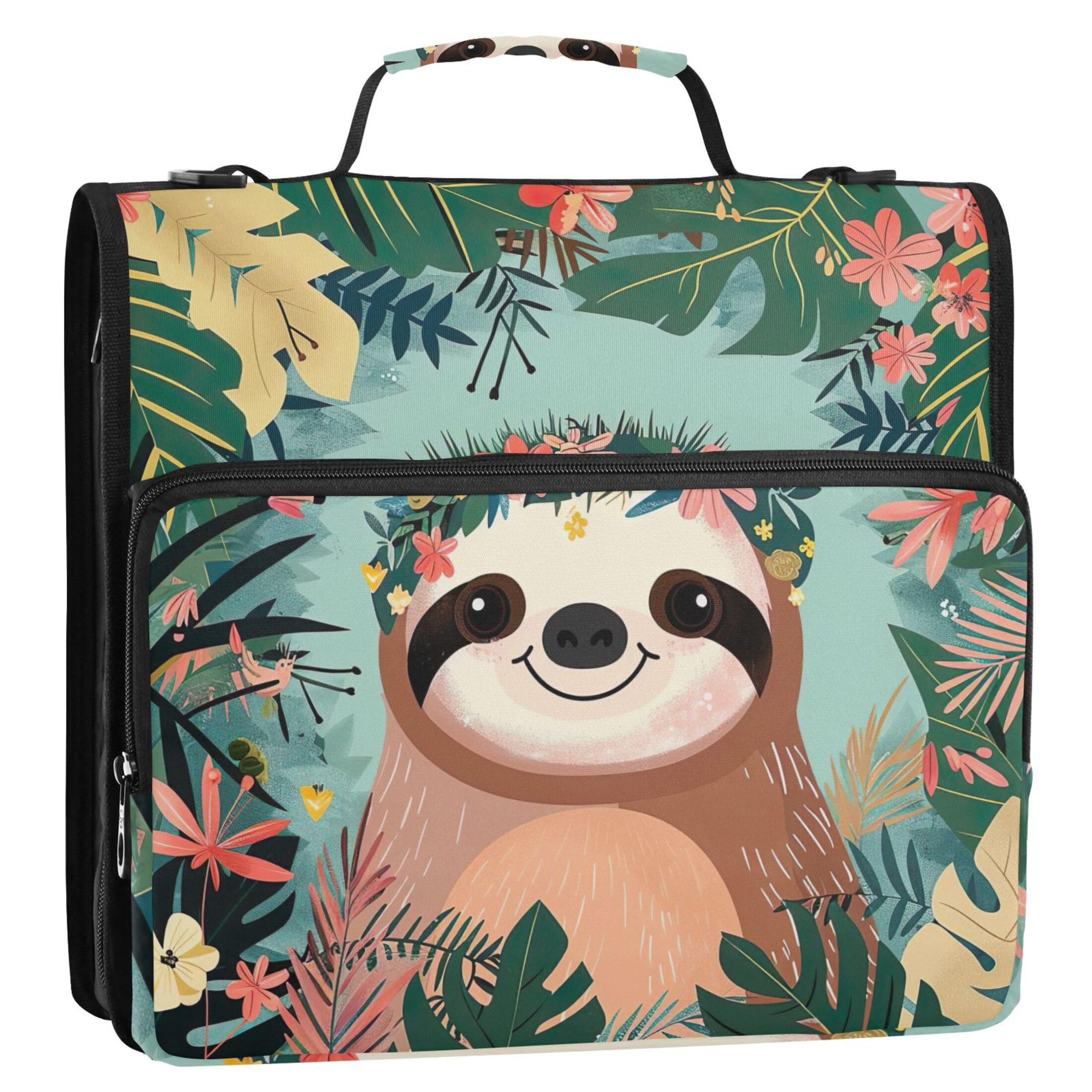 1.5 Inch 3 Ring Binders Heavy Duty Cute Sloth Jungle Foliage Zippered Binder Organizer School Binder Bag with Shoulder Strap Funny Portfolio & Case Ring Folder Holder