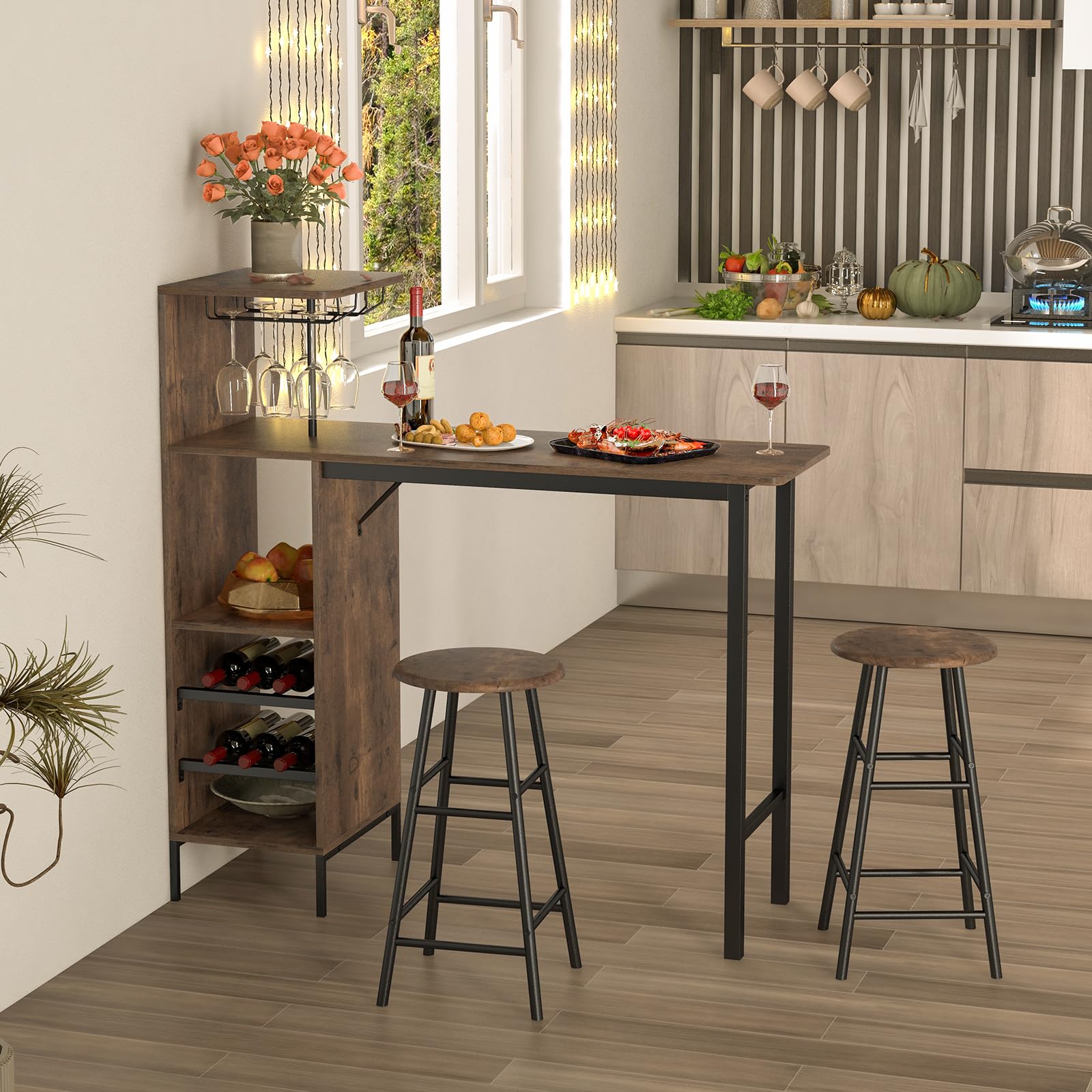 GOPLUS Ensemble Table de Bar et Tabourets 3 Pièces,Table Bistro avec Porte-Verres et Étagères, Table de Comptoir de Cuisine avec 2 Tabourets pour Maison, Salle à Manger, Restaurant, Bar (Café)