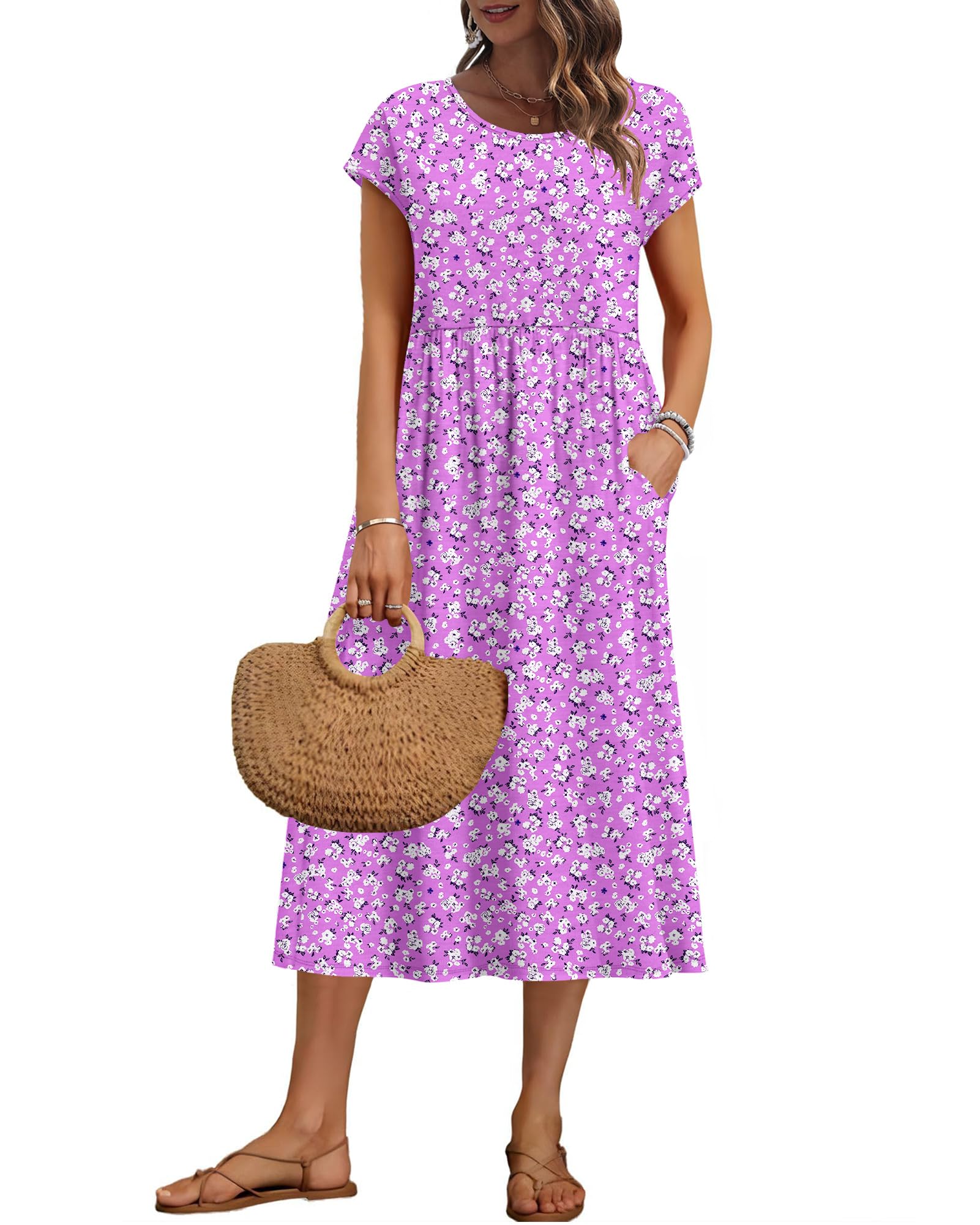 Auselily Women's Purple Florals Summer Short Sleeve Knee Length Dresses Basic Shift Midi Floral Dress With Pockets, Purple Floral S
