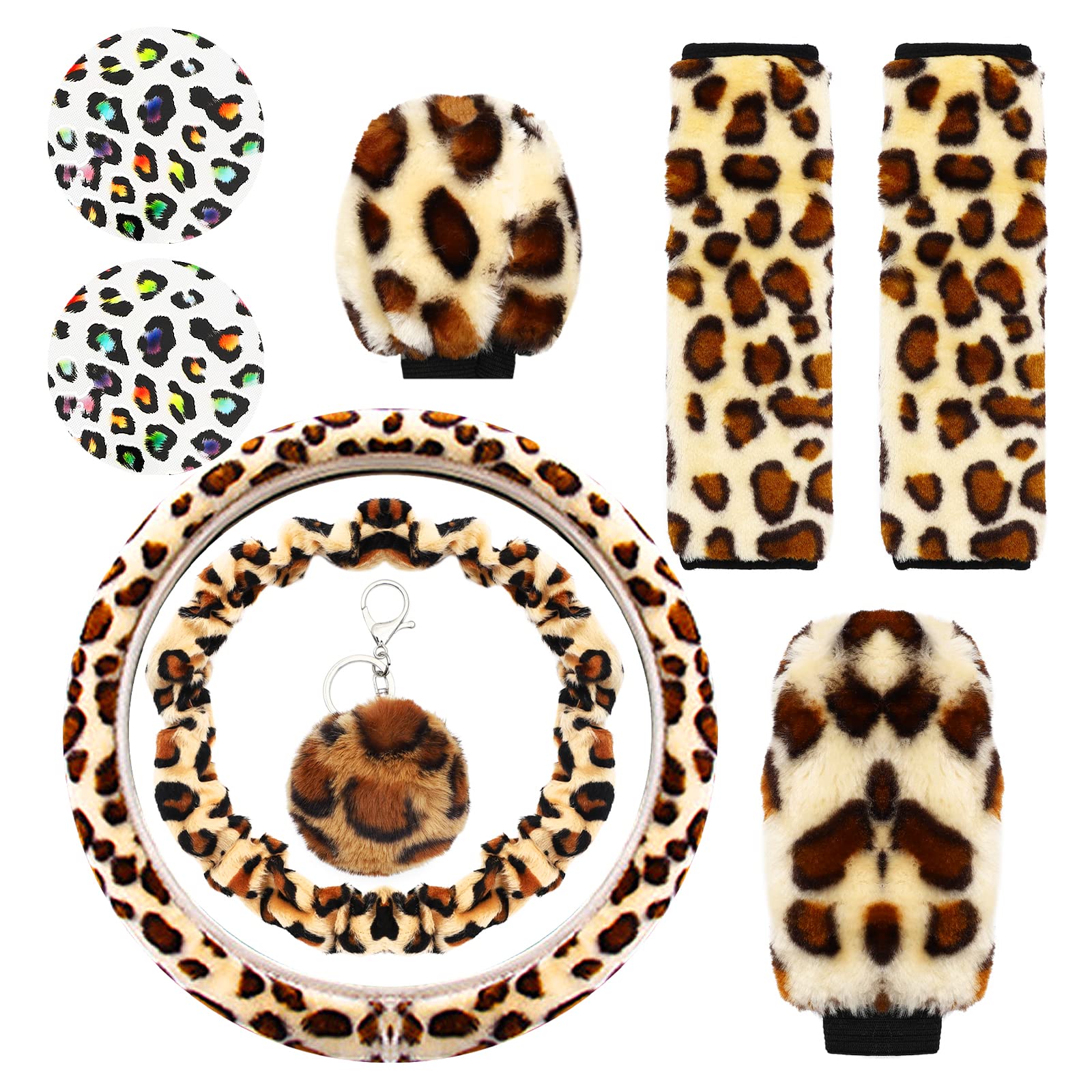 SUBANG 1 Set 9 Pieces Fluffy Steering Wheel Covers Leopard Print Steering Wheel Cover for Women and Girls 15 Inch, Leopard Print