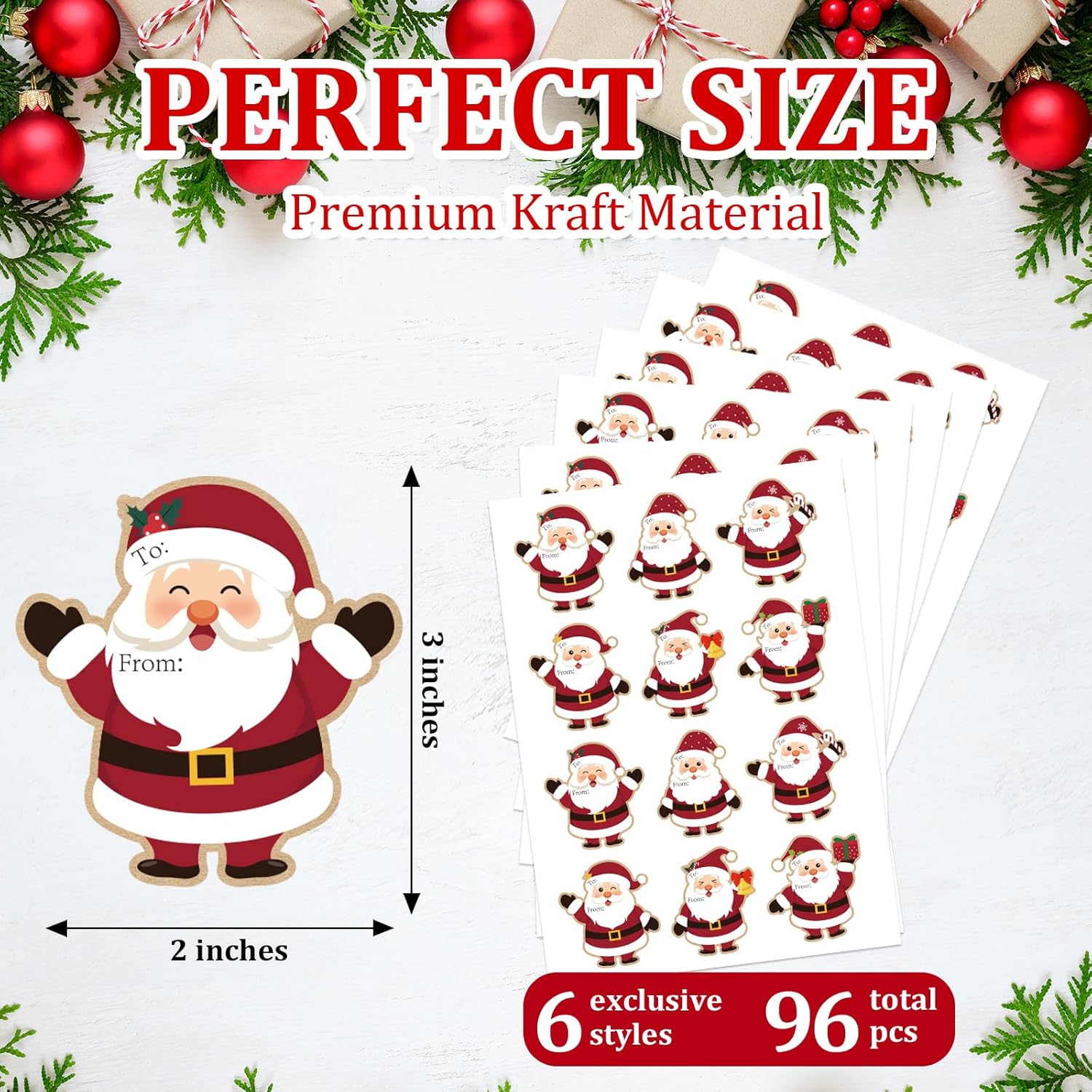 Christmas Gift Tags Stickers, 96Pcs Christmas Gift Labels Stickers, Self-Adhesive Santa Claus Name Tags for Xmas Gifts Wrap Presents Boxes Decoration, 2 x 3 Inch, Natural Kraft Paper - Image 2