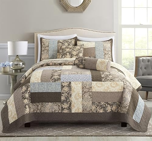 Miniatura 1 de L'IRISDOM Juego de ropa de cama de algodón con retazos tamaño Queen, edredón ligero con estampado floral, manta de granja hecha a mano, 3 piezas