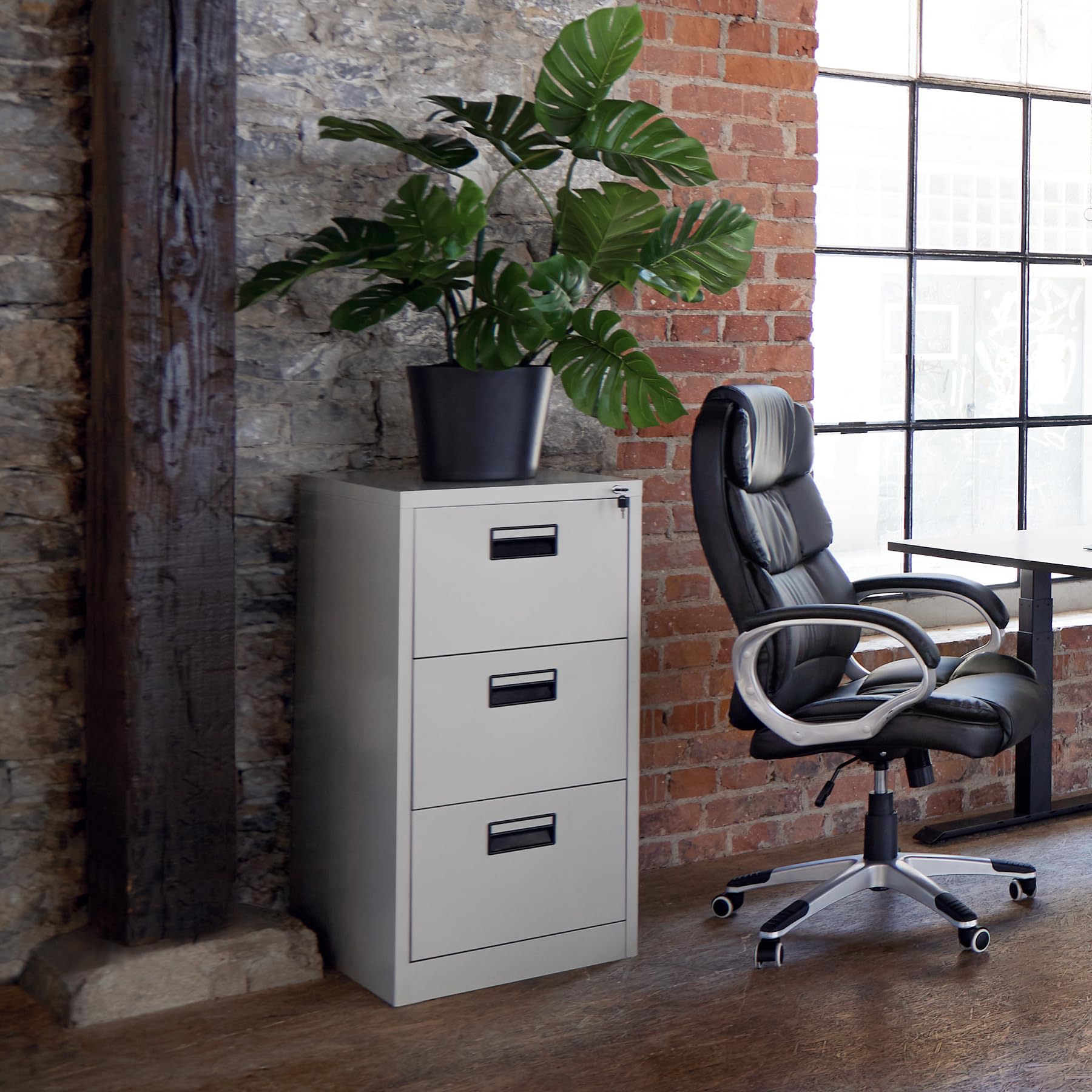 TecTake® Armario Archivador Metálico, 3 Cajonera Oficina, DIN A4, Bloqueable, Incluye 2 Llaves, Dispositivo de Inserción, Cajones con Rieles, Armario Bajo, Muebles Oficina - 102,8x62,4x46cm Gris