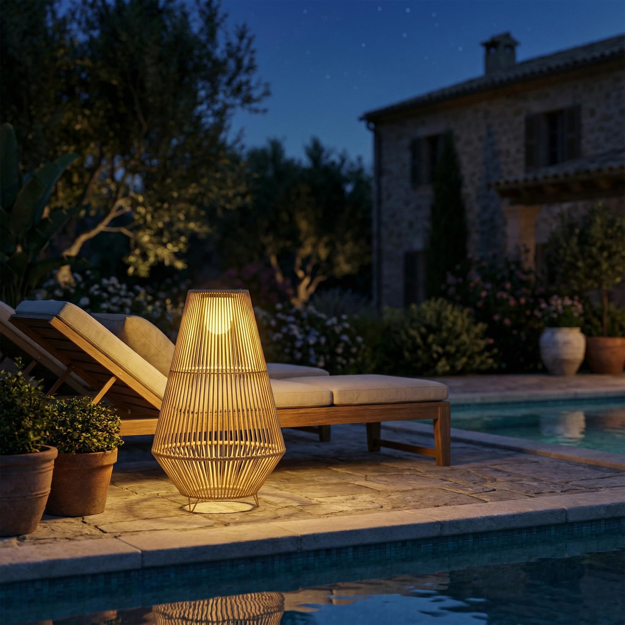 Outsunny - Linterna solar exterior de resina trenzada, lámpara de pie inalámbrica recargable con sensor de luz, lámpara de pie LED exterior, para jardín patio terraza, amarillo