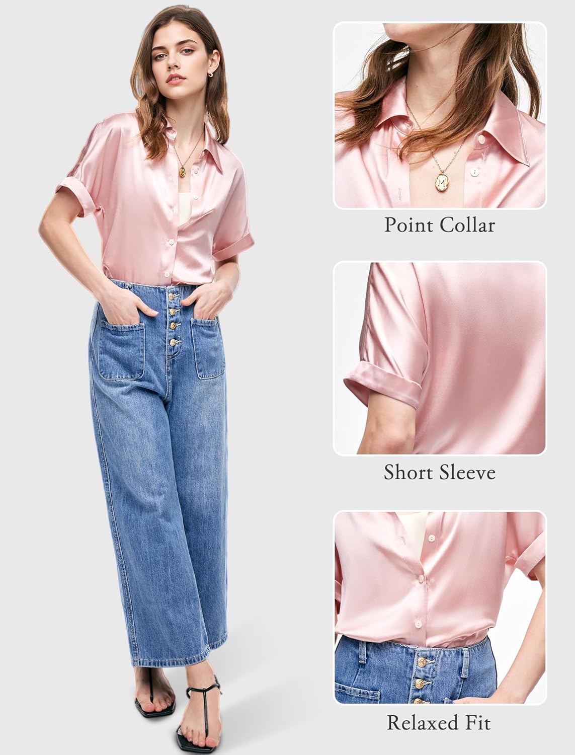 Silk Blouse for Women Button Down Shirts: Women's Short Sleeve Elegant Shirt 100% Pure Silk Casual Tops Summer Luxury Blouses - Image 3