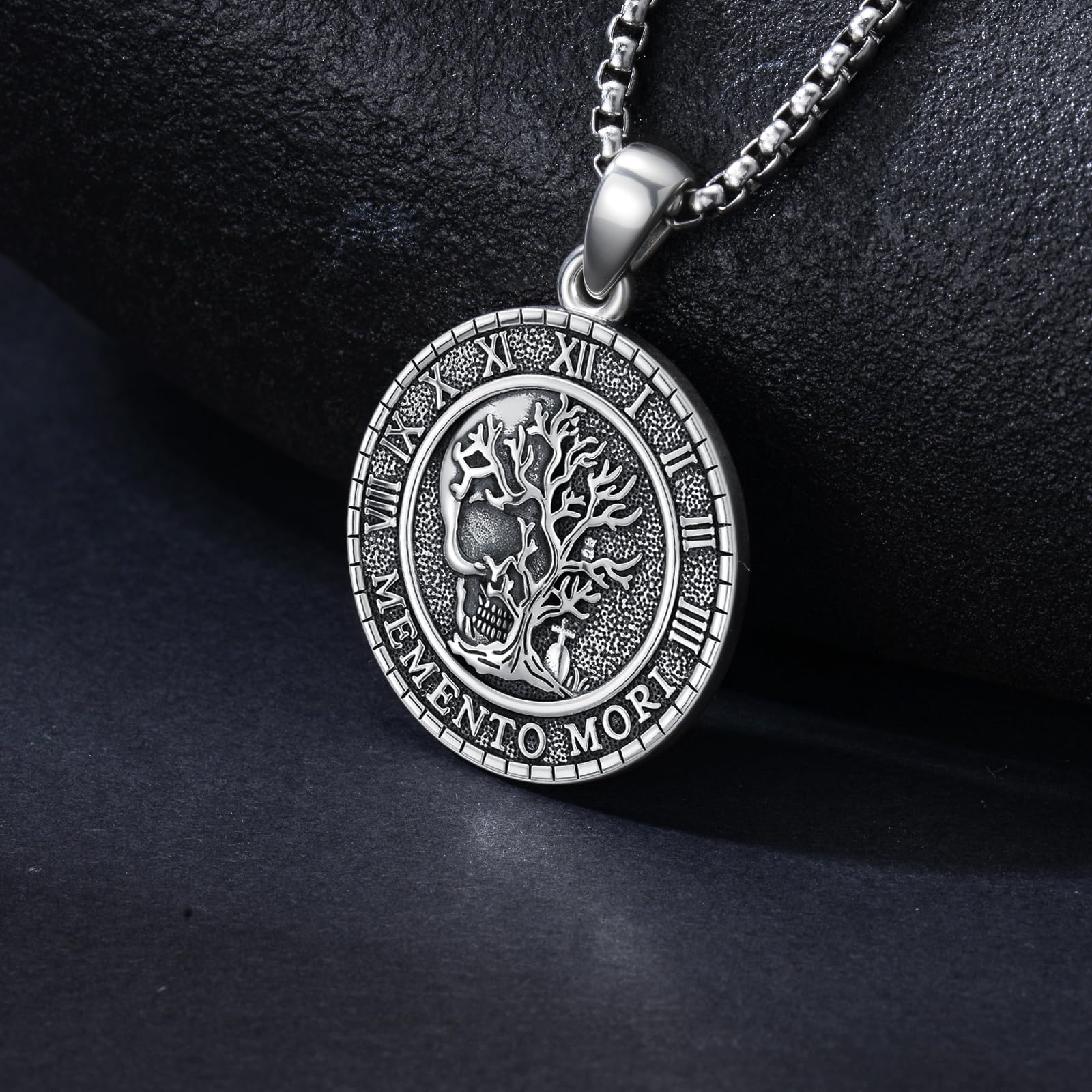 PROESS Memento Mori Kette für Männer 925 Sterling Silber Eule Memento Mori Anhänger Gothic Totenkopf Baum des Lebens Schmuck Geschenke