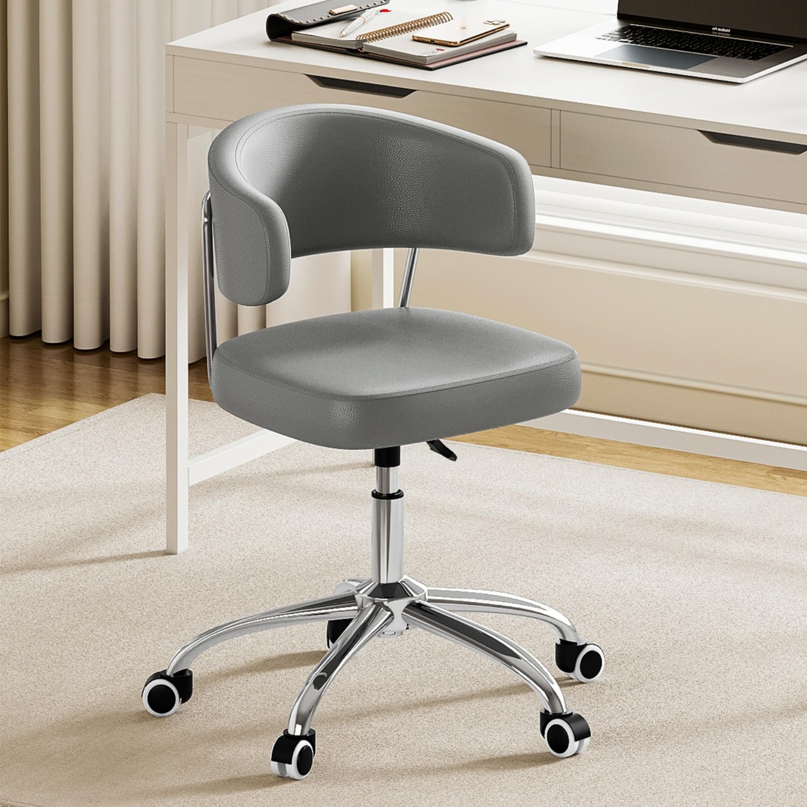 Outwin Modern Grey Armless Swivel Desk Chair, Home/Office, Adjustable Height, 76 to 91 cm, 120 kg Capacity, Faux Leather Seat, Steel Frame, Hard Floor, Carpet