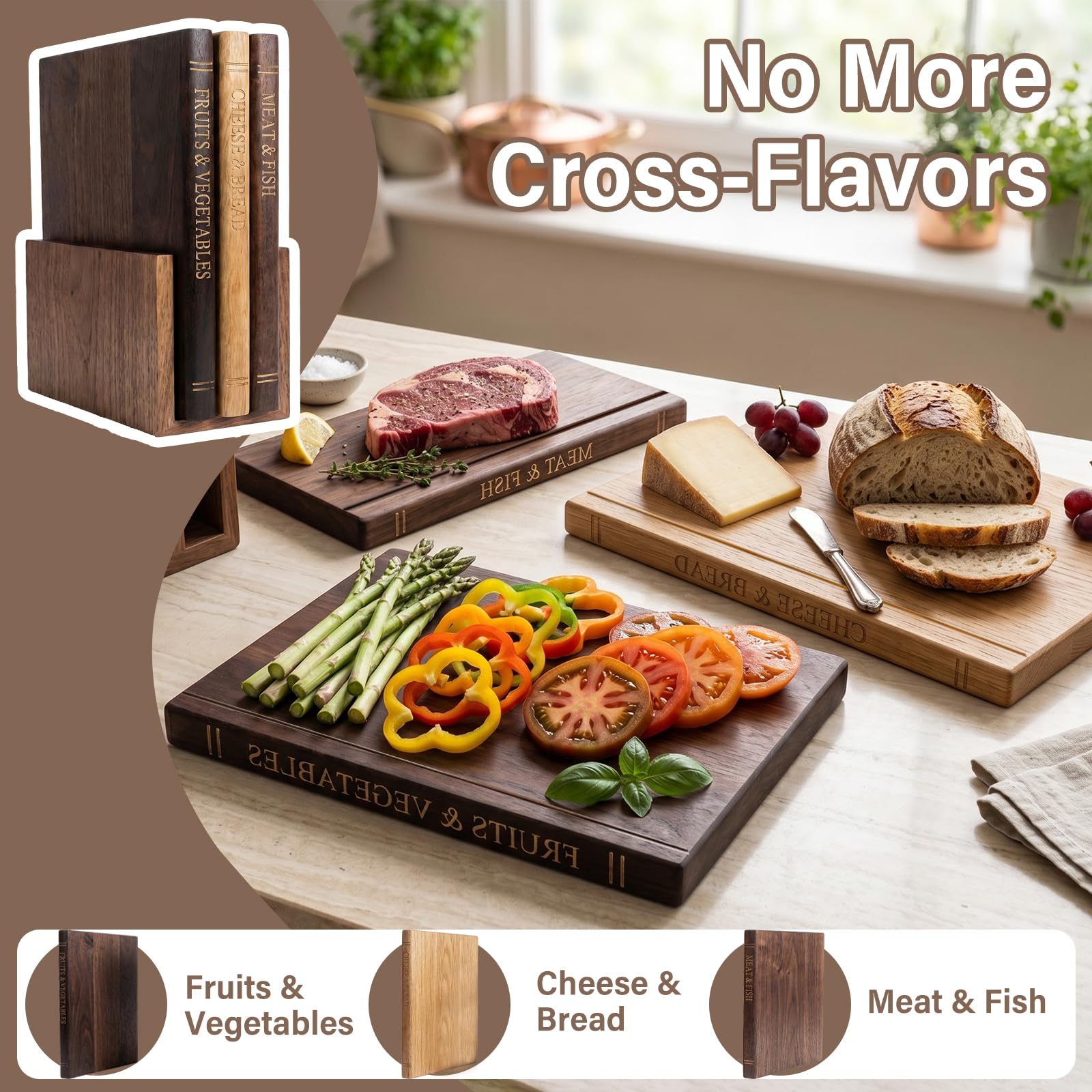 Schneidebrett, das aussieht wie Bücher, 3er Set Holz Schneidebretter mit Ständer, dekoratives Buchdesign für Käse, Brot, Fleisch & Gemüse