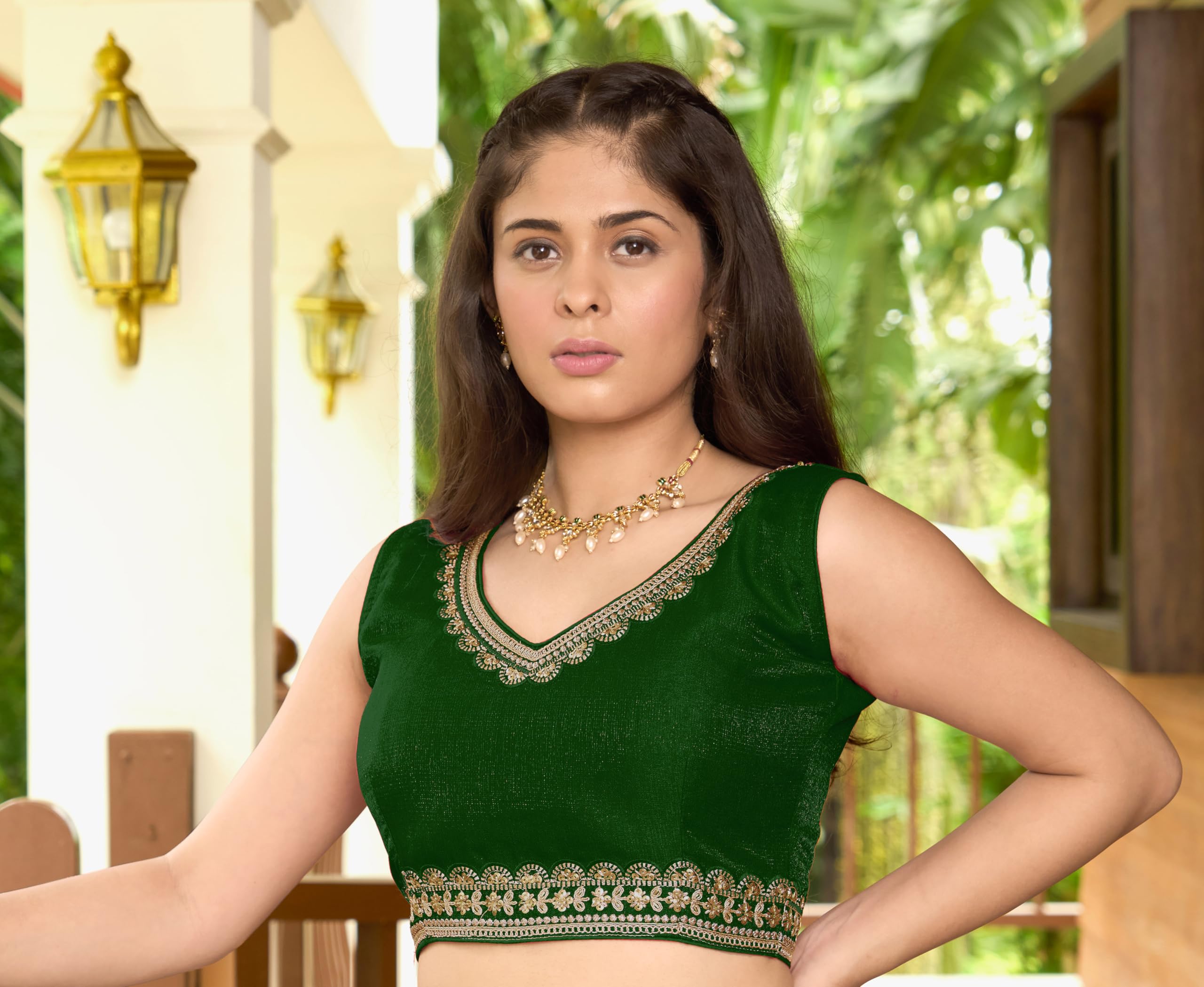 Pujia Mills Women's Sequin Embroidered V Neck Sleeveless Readymade Saree Blouse Indian Ethnic Designer Stitched Readymade Sequence Saree Blouse Sleeveless Blouse Readymade Green Blouse For Women