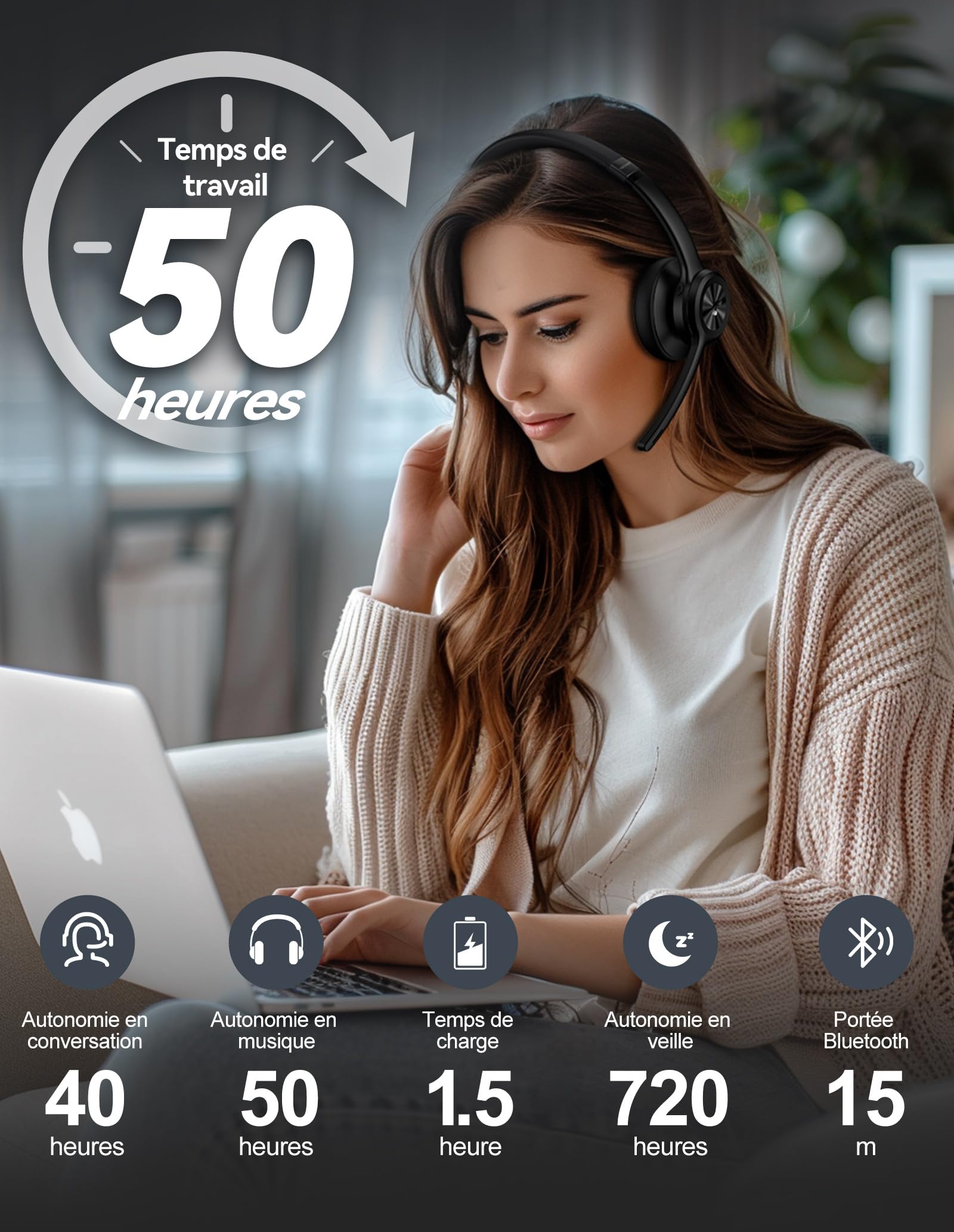 TECKNET Écouteurs Bluetooth V5.2 avec Microphone, sans Fil, avec réduction de Bruit et Coupure du Microphone, Rechargeables, Supra-Auriculaires, pour Chauffeurs Routiers, centres d'appels et Bureaux