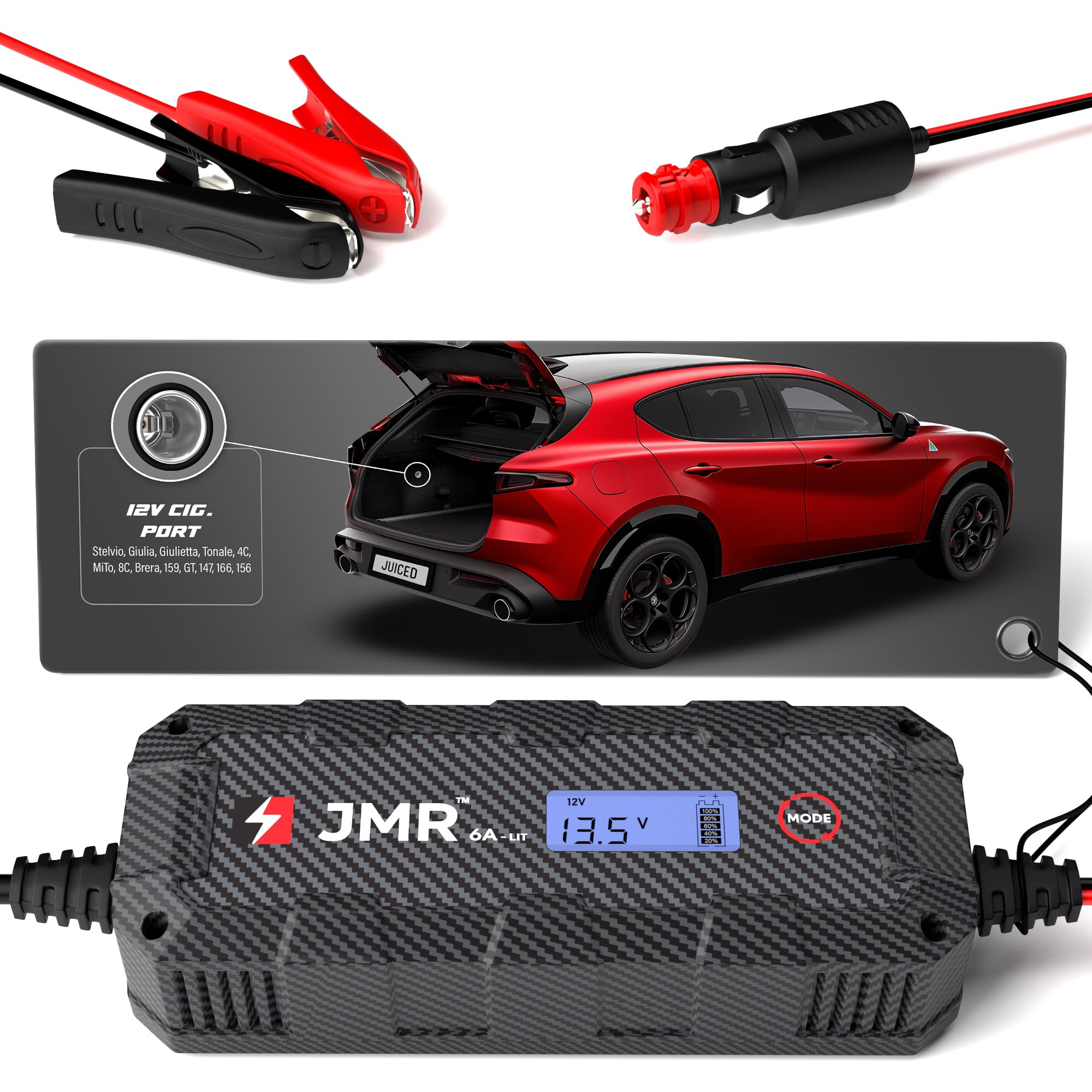 JMR Battery Charger for Alfa Romeo Stelvio Giulia Giulietta Tonale 4C MiTo 8C Brera 159 GT 147 166 156 All Models Trickle Charger Conditioner Maintainer (Add Lithium Mode)