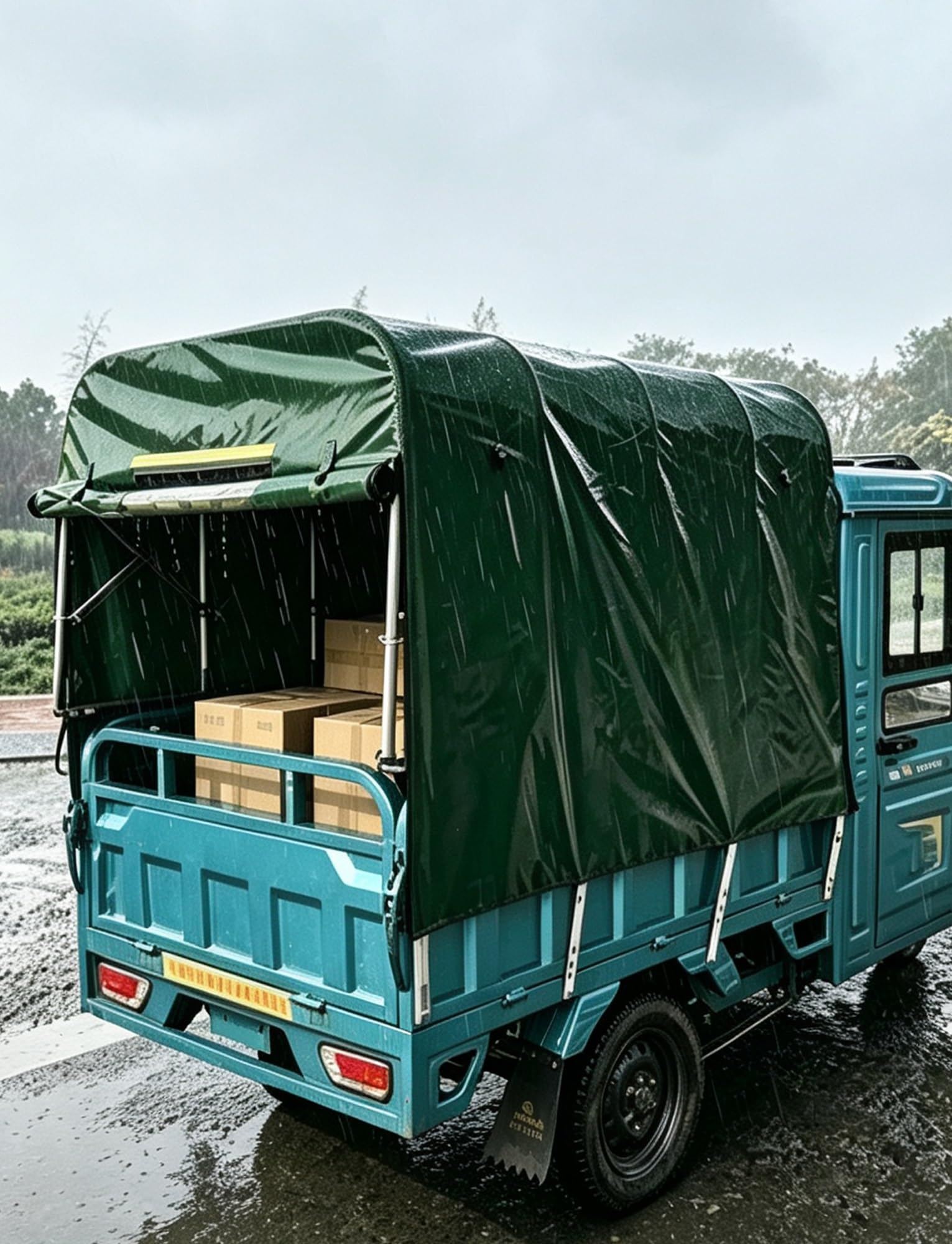 Cubierta para triciclo eléctrico que soluciona los viajes bajo la lluvia